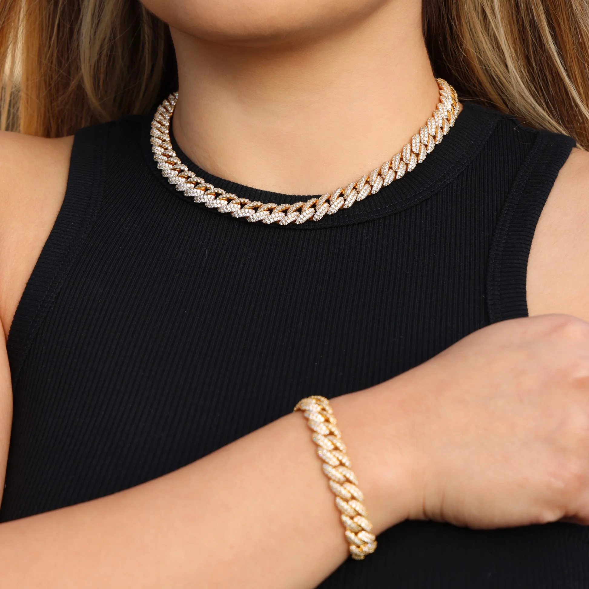 10mm Iced Out Cuban Necklace + Bracelet Bundle - Gold - Image 2