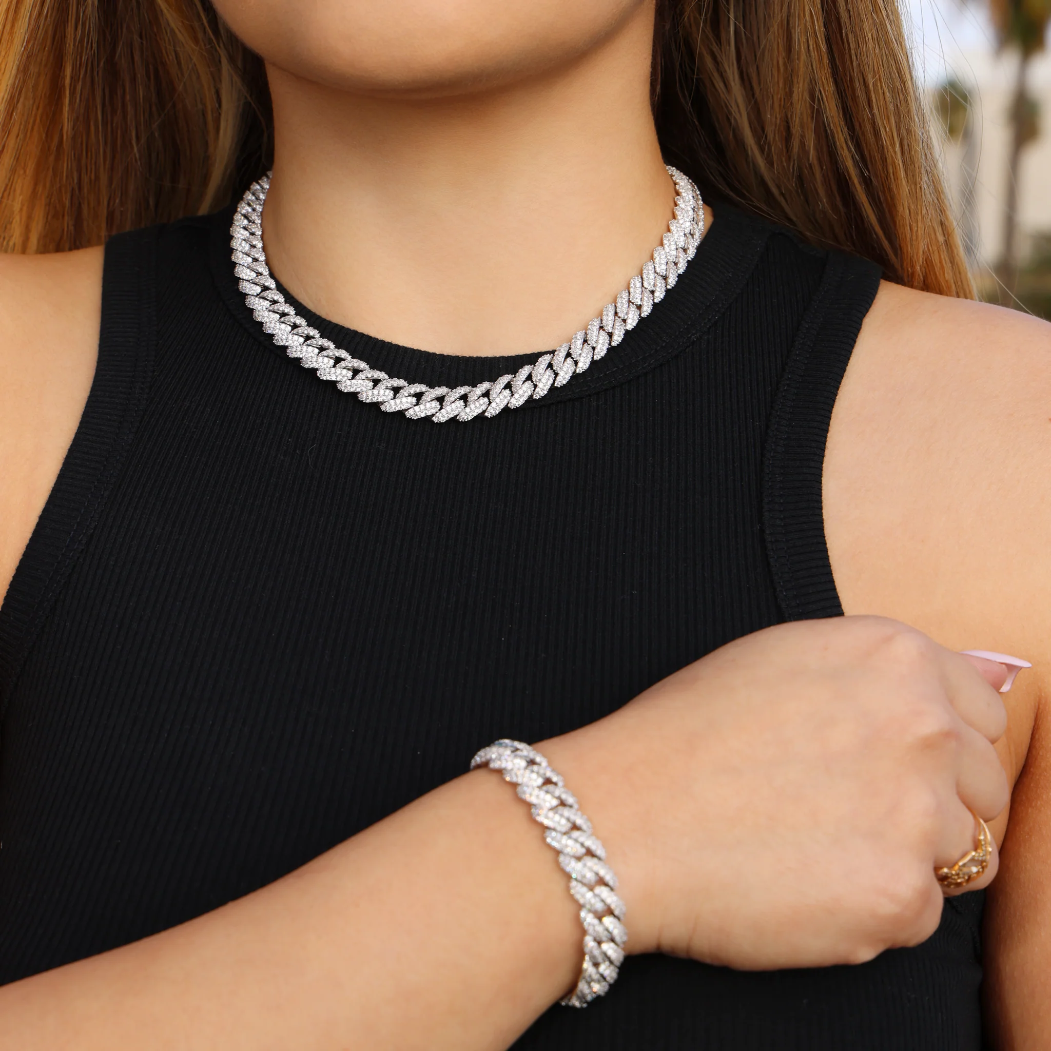 10mm Iced Out Cuban Necklace + Bracelet Bundle - White Gold - Image 2
