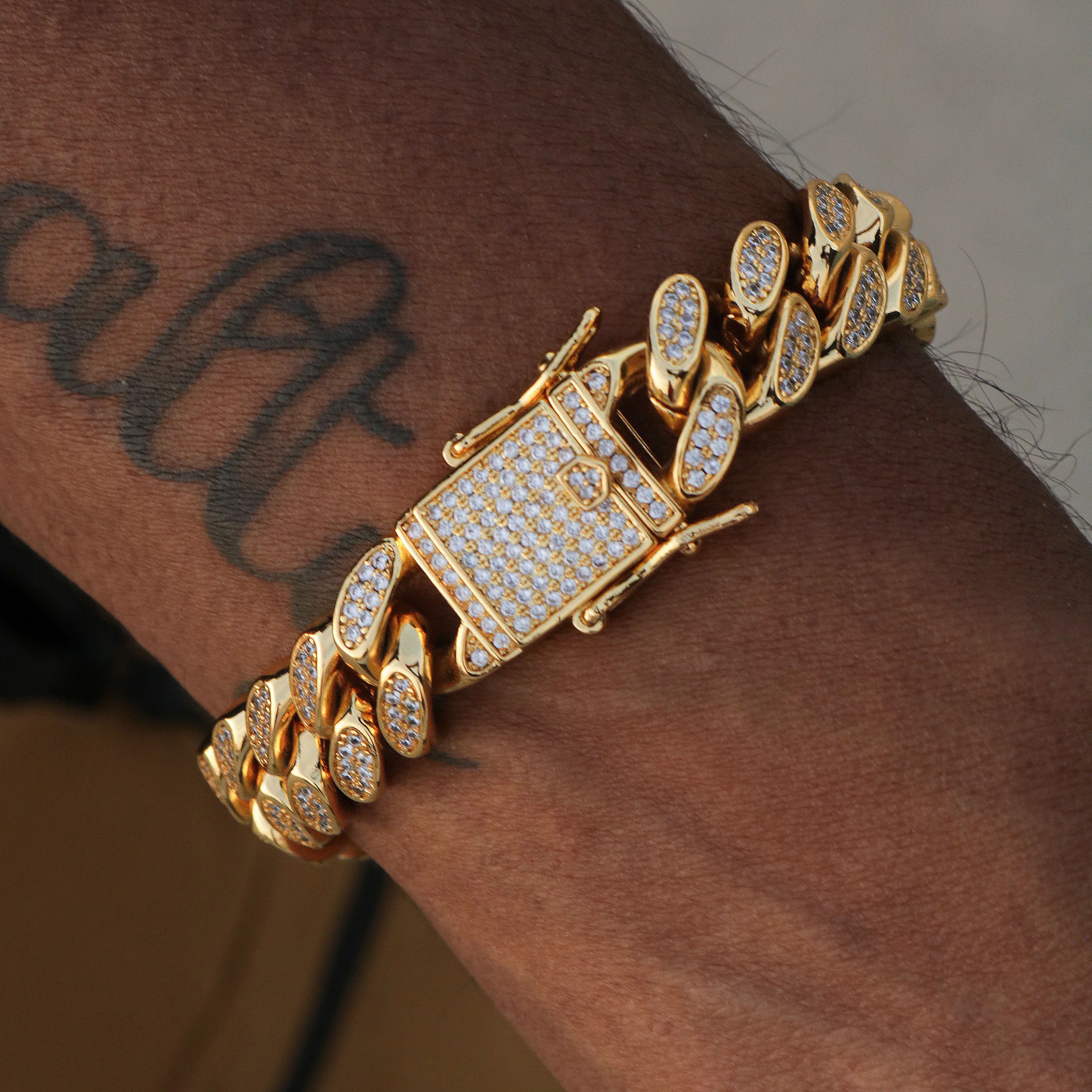 12mm Iced Out Miami Cuban Bracelet - Gold - Image 4