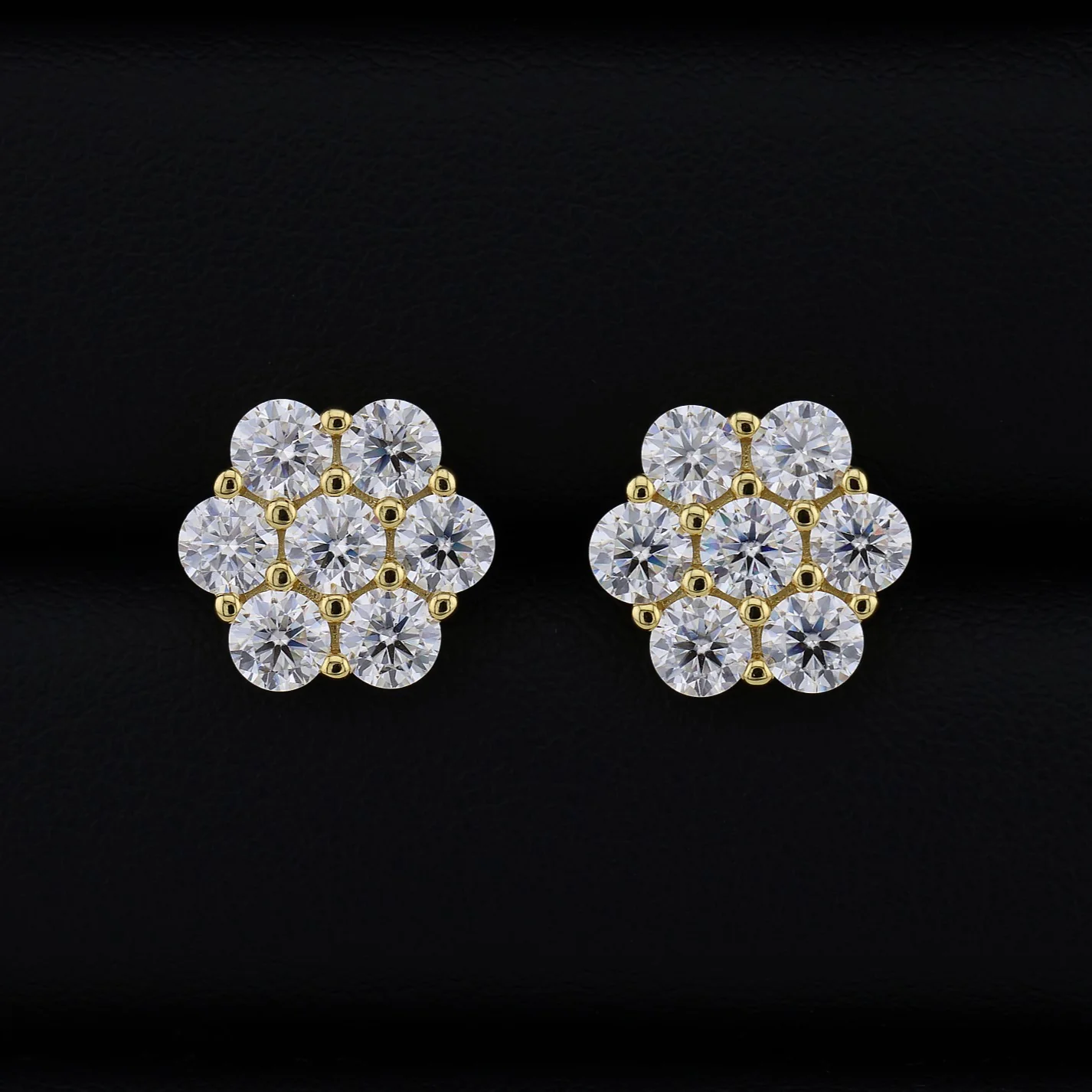 12mm Iced out Moissanite Flower Stud Earrings - Gold over 925 Silver