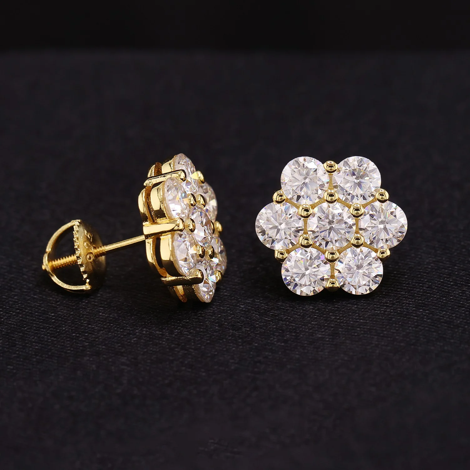 12mm Iced out Moissanite Flower Stud Earrings - Gold over 925 Silver - Image 2