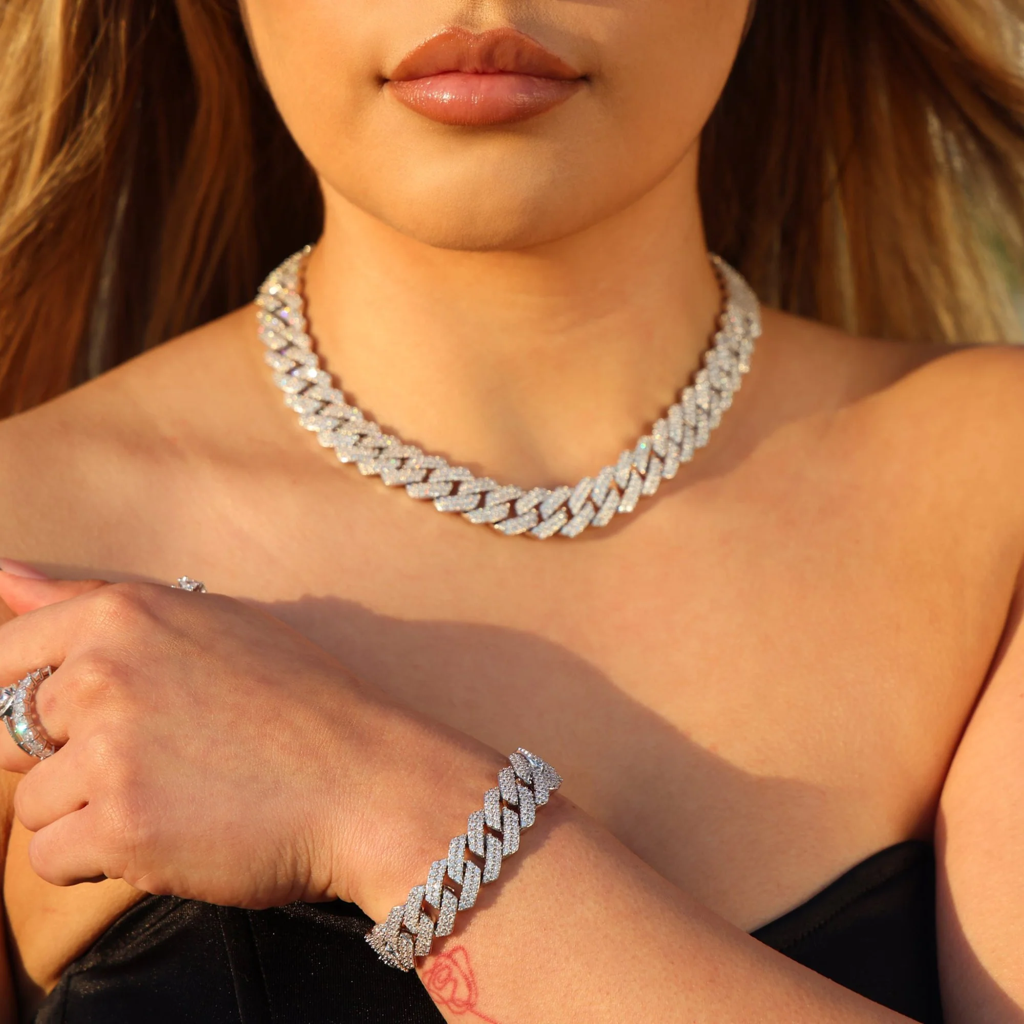 13mm Prong Link Necklace + Bracelet Bundle - White Gold - Image 2