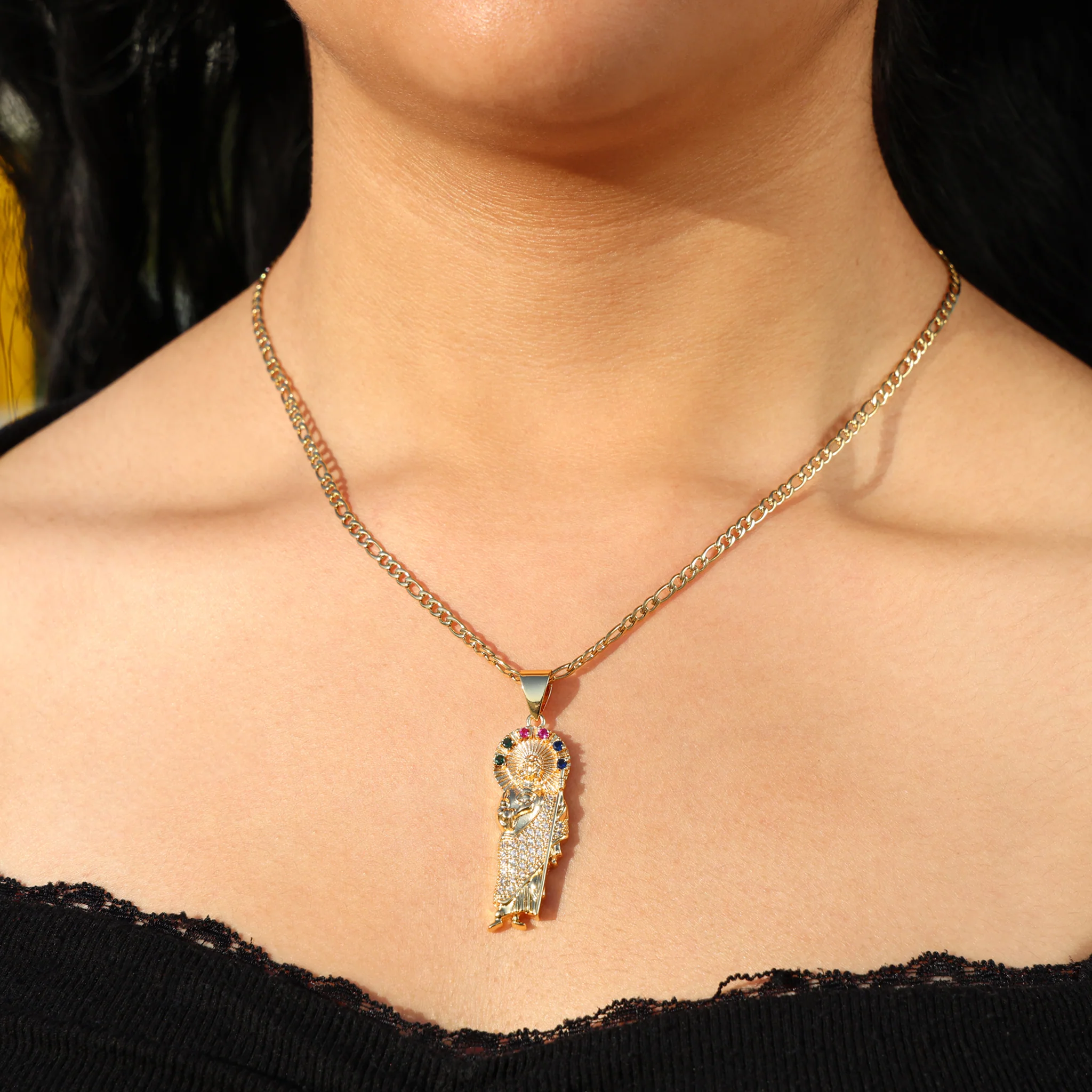 Multi-Color Halo San Judas Necklace - Gold - Image 2