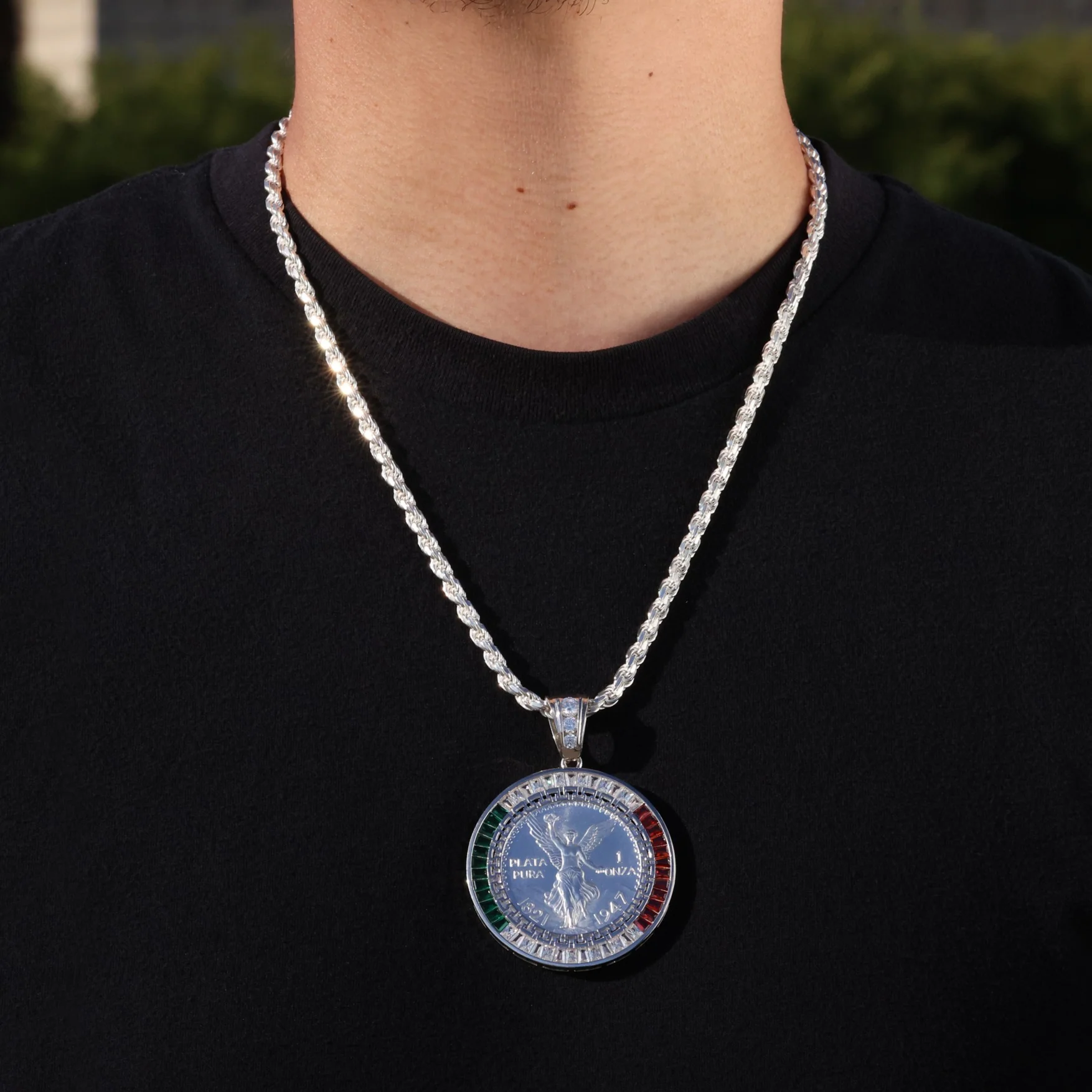 3 Color Baguette Bezel Centenario Pendant - 925 Silver - Image 4