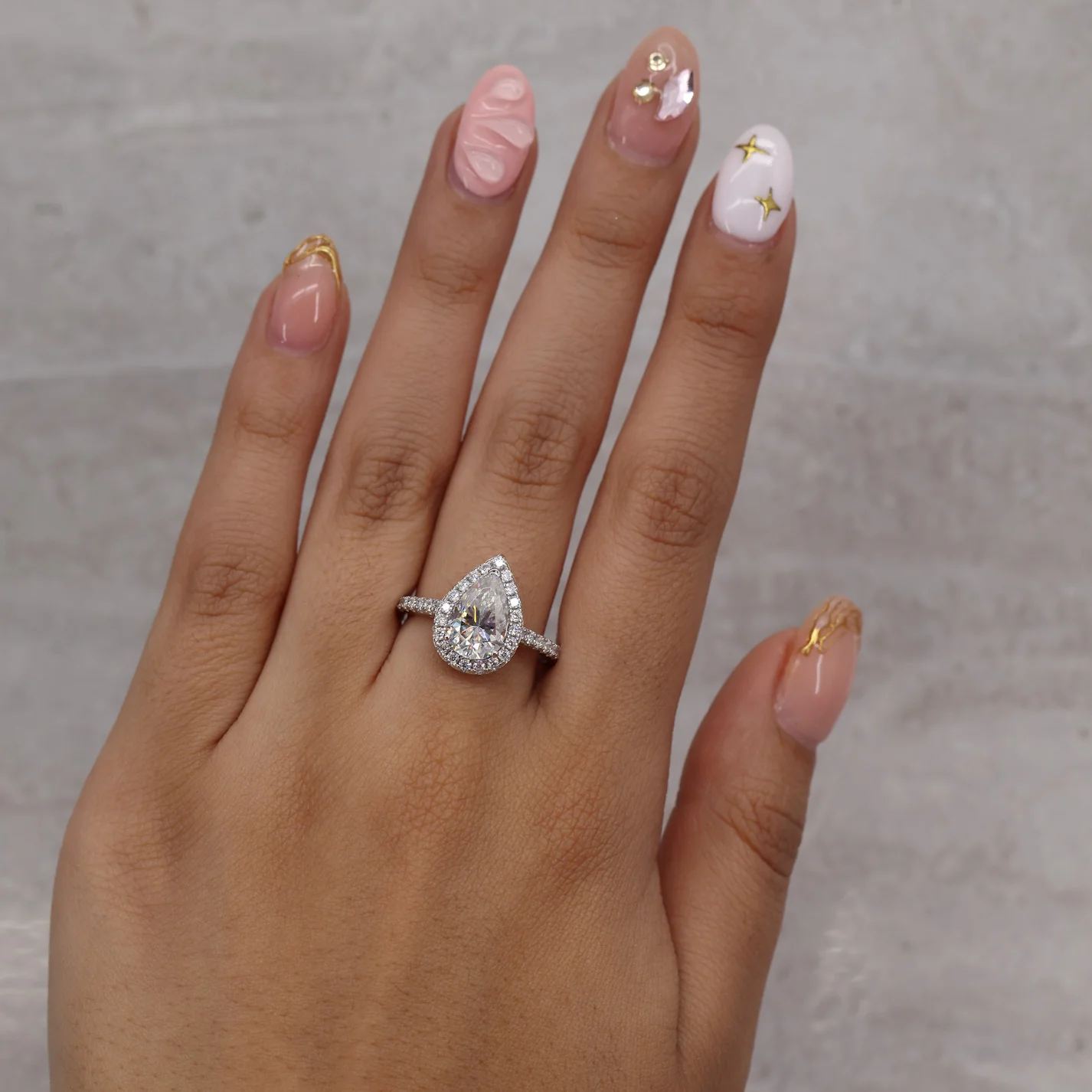3ct Moissanite Pear Cut Halo Ring - 925 Silver - Image 2