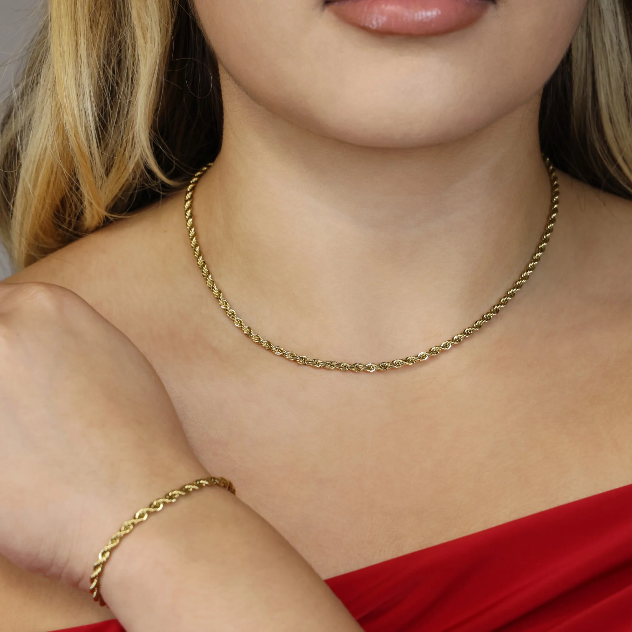 3mm Rope Necklace + Bracelet Bundle - Gold - Image 2