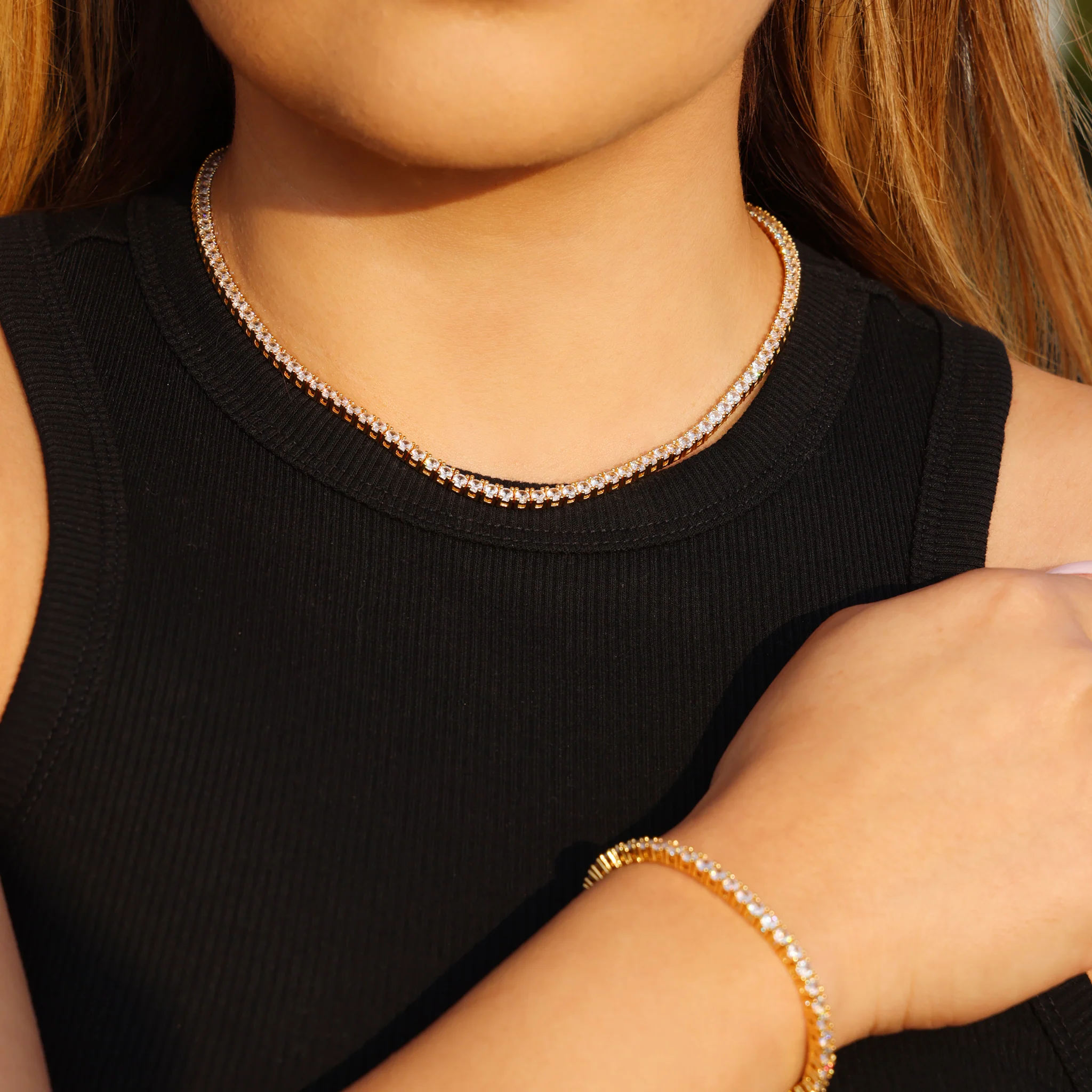 3mm Tennis Necklace + Bracelet Bundle - Gold - Image 2