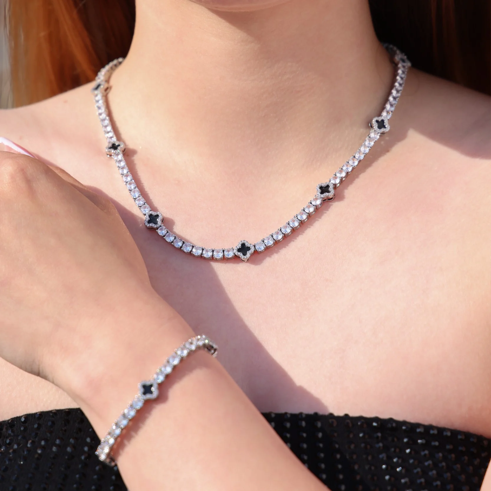 4mm Black Clover Tennis Necklace + Bracelet Budle - White Gold - Image 2