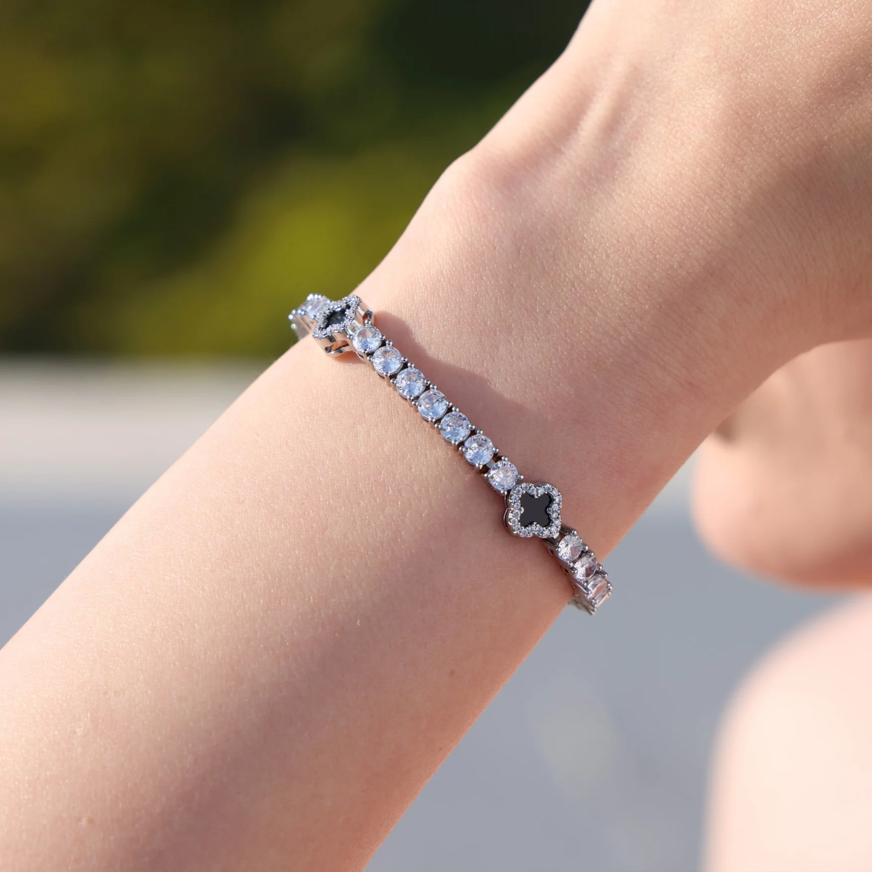 4mm Black Clover Tennis Necklace + Bracelet Budle - White Gold - Image 3