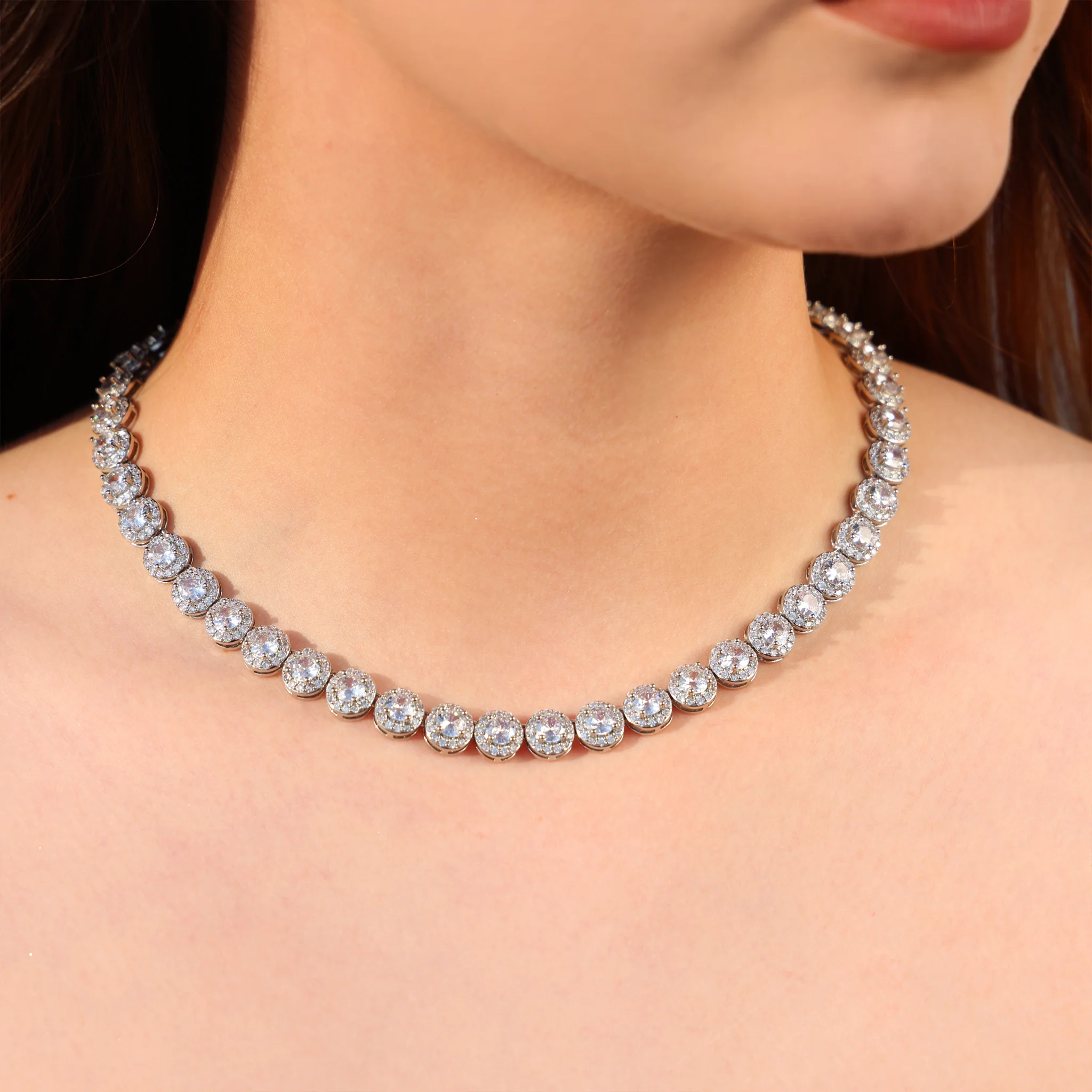 8mm Round Clustered Tennis Necklace + Bracelet Bundle - White Gold - Image 2