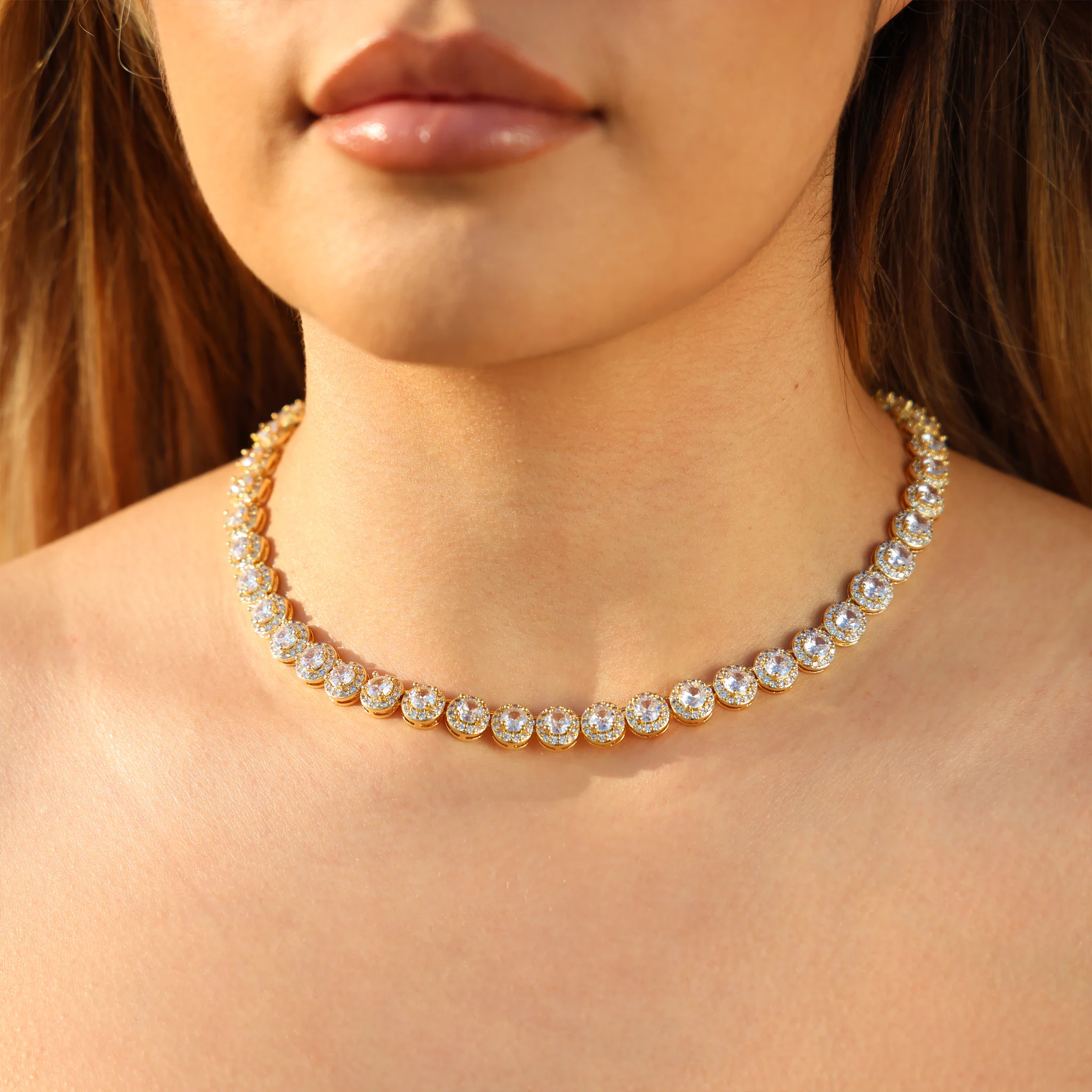 8mm Round Clustered Tennis Necklace - Gold - Image 2