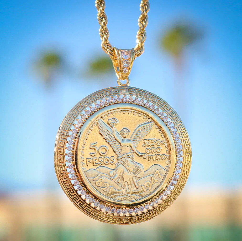Aztec Bezel with Diamonds Centenario Pendant - Gold