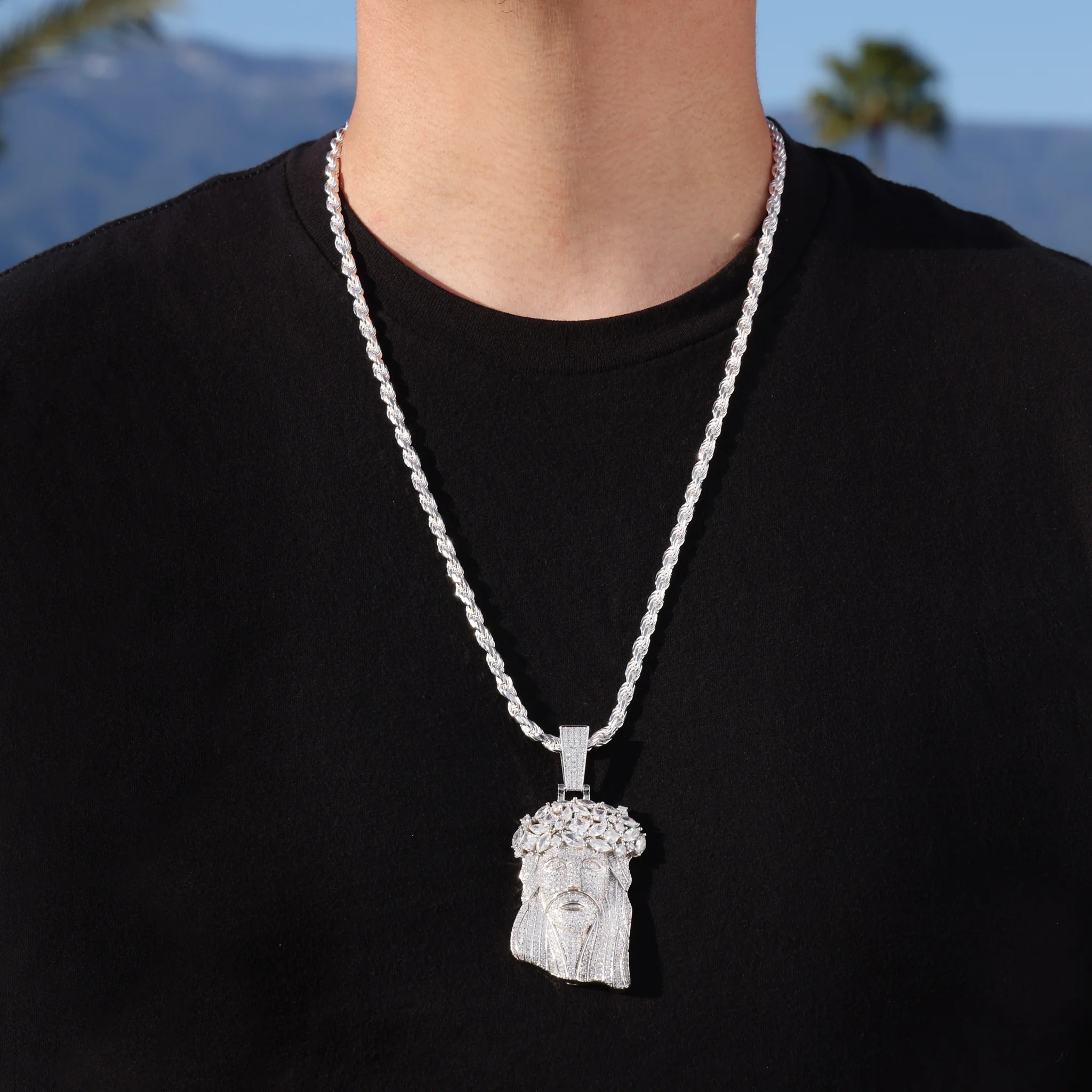 Big Gemstone Jesus Pendant - 925 Silver - Image 2