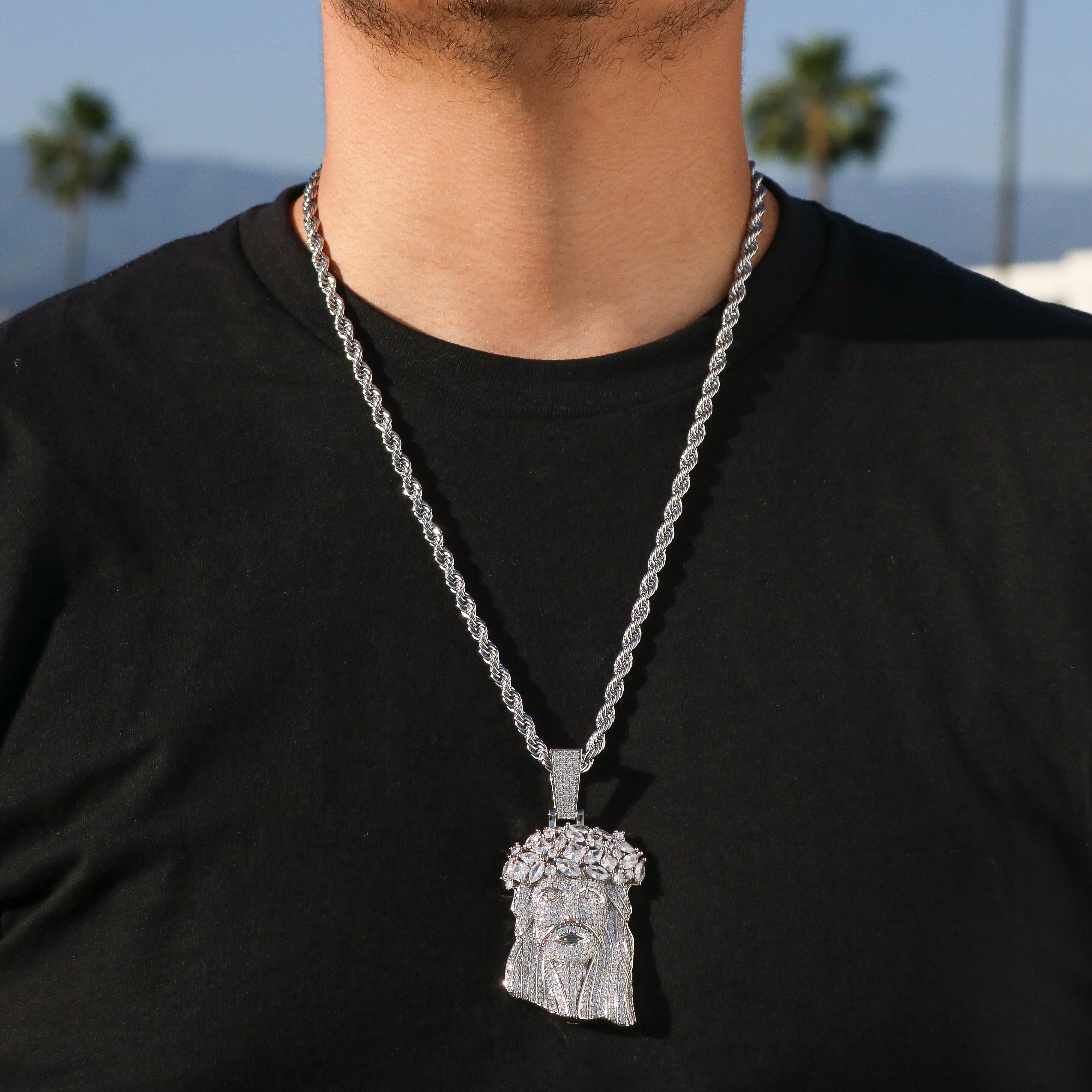 Big Gemstone Jesus Pendant - White Gold - Image 3