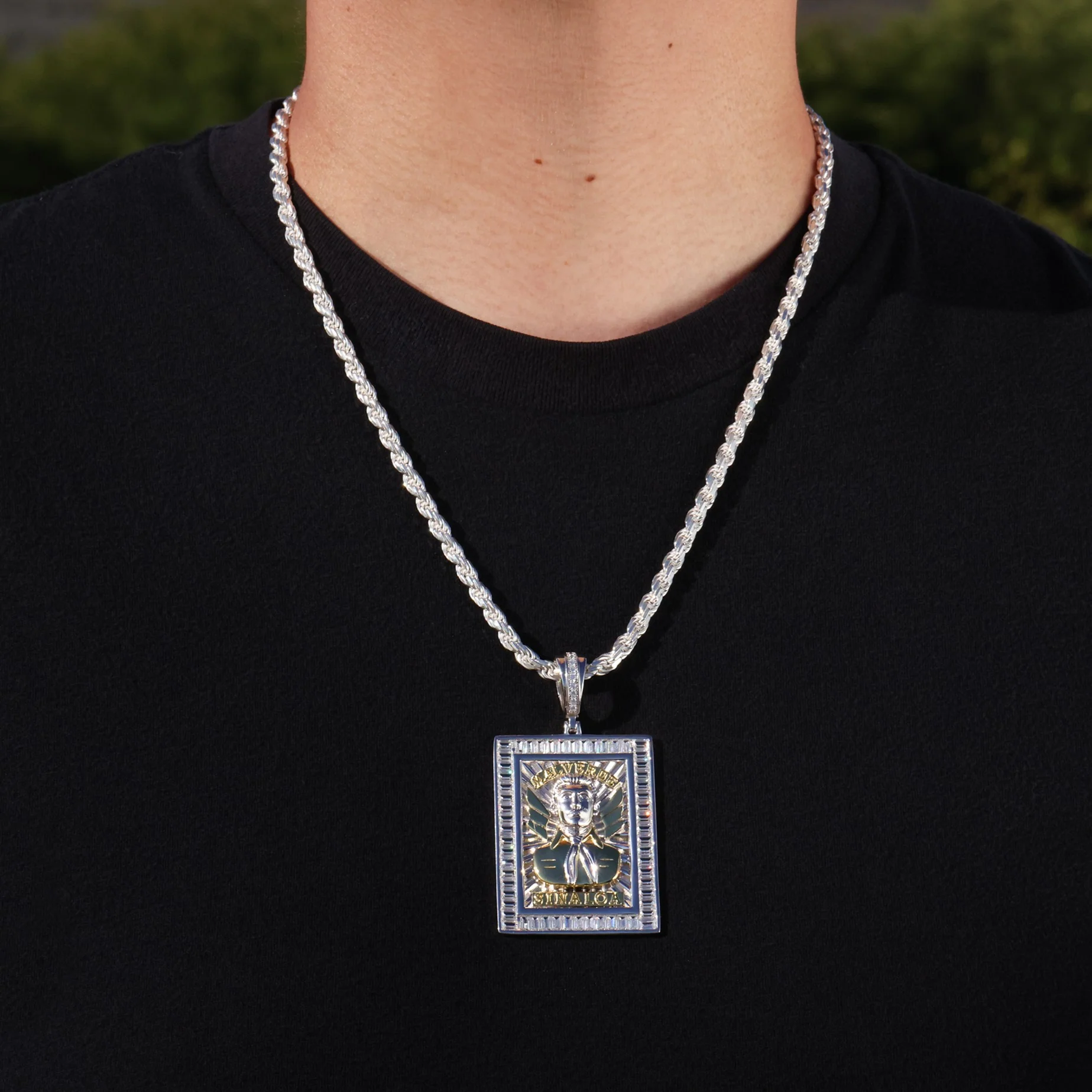 Big Moissanite Jesus Malverde Pendant - 925 Silver - Image 3