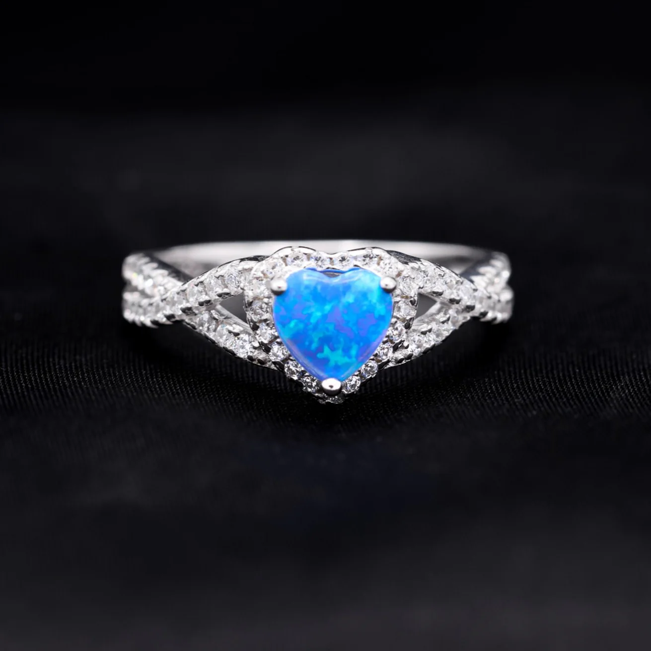 Blue Opal Heart Infinity CZ Diamond Ring - 925 Silver