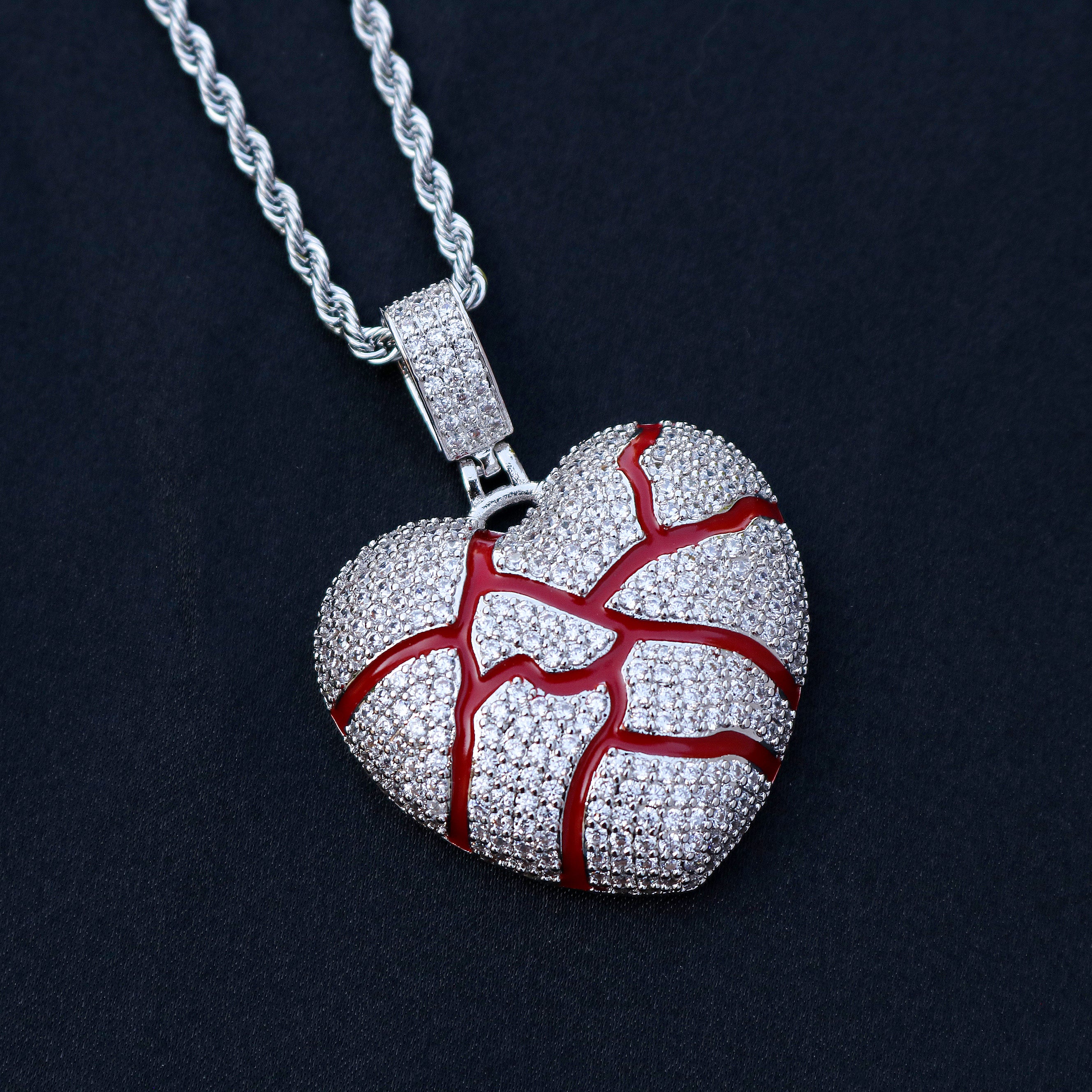 Iced Broken Heart Red Enamel Pendant - White Gold - Image 2