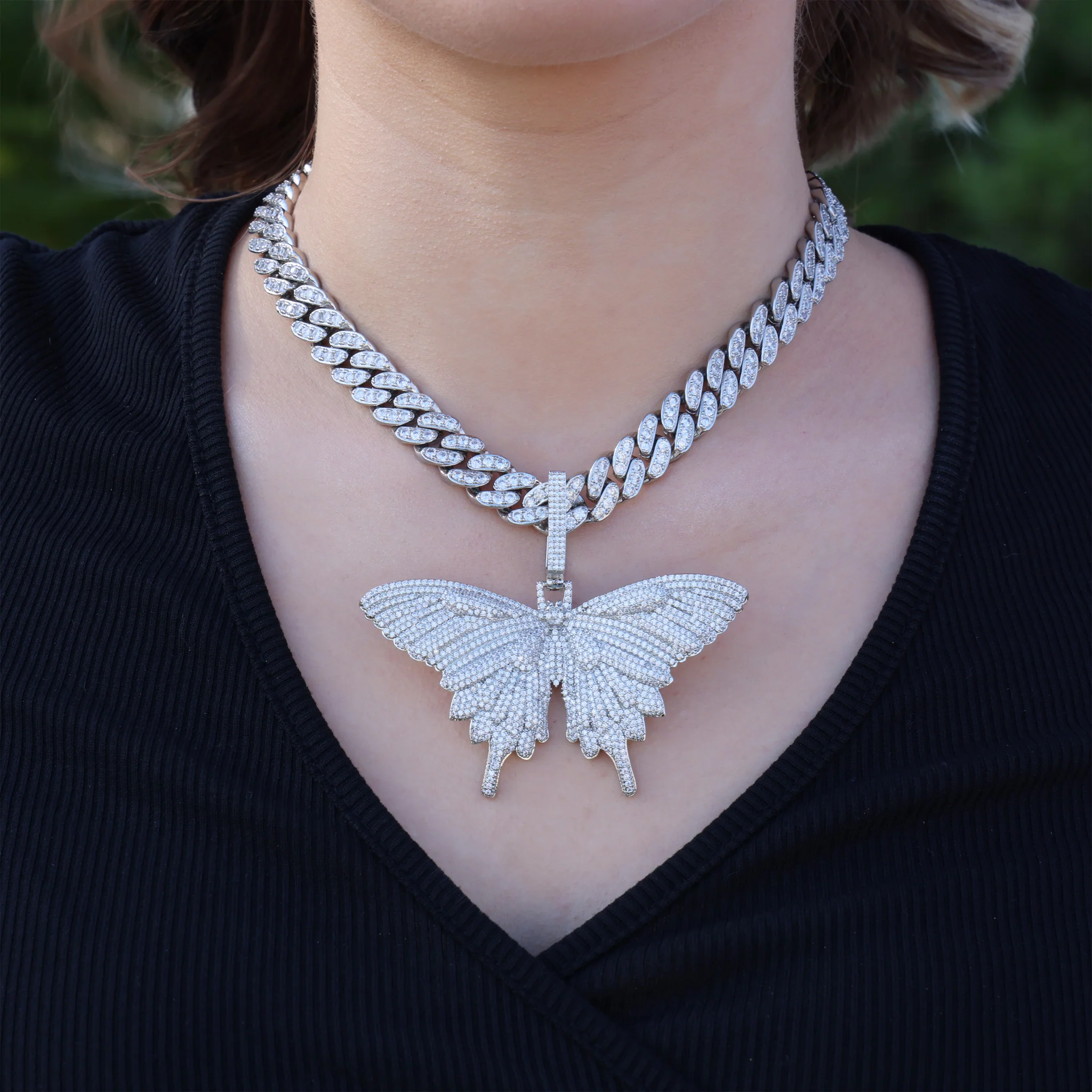 Fully Iced Big Butterfly Pendant - White Gold - Image 4