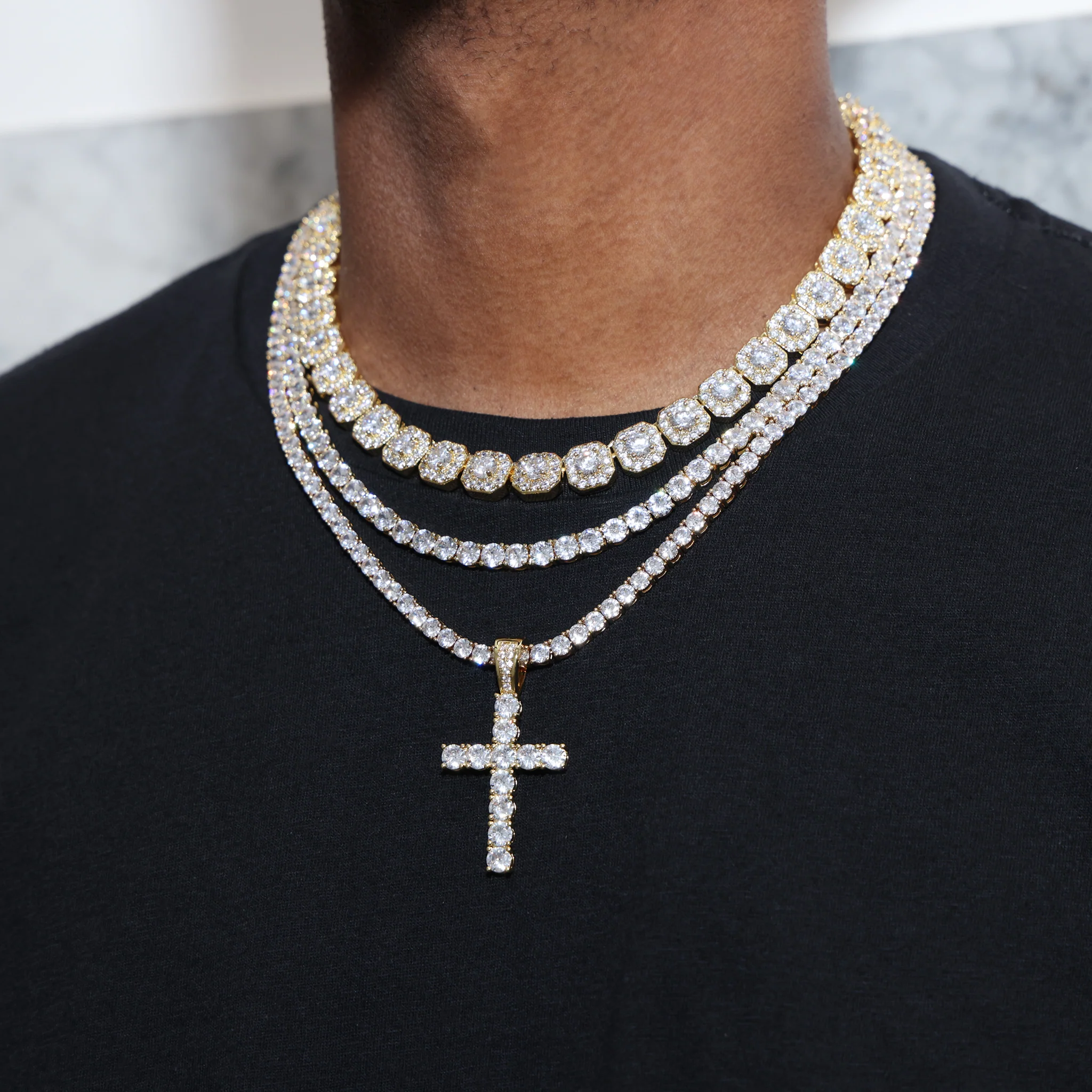Clustered Tennis Cross Pendant Layered Set - Gold