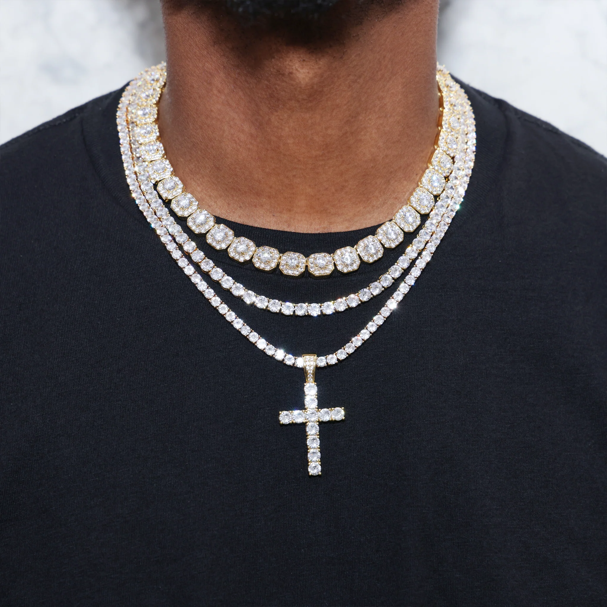 Clustered Tennis Cross Pendant Layered Set - Gold - Image 2