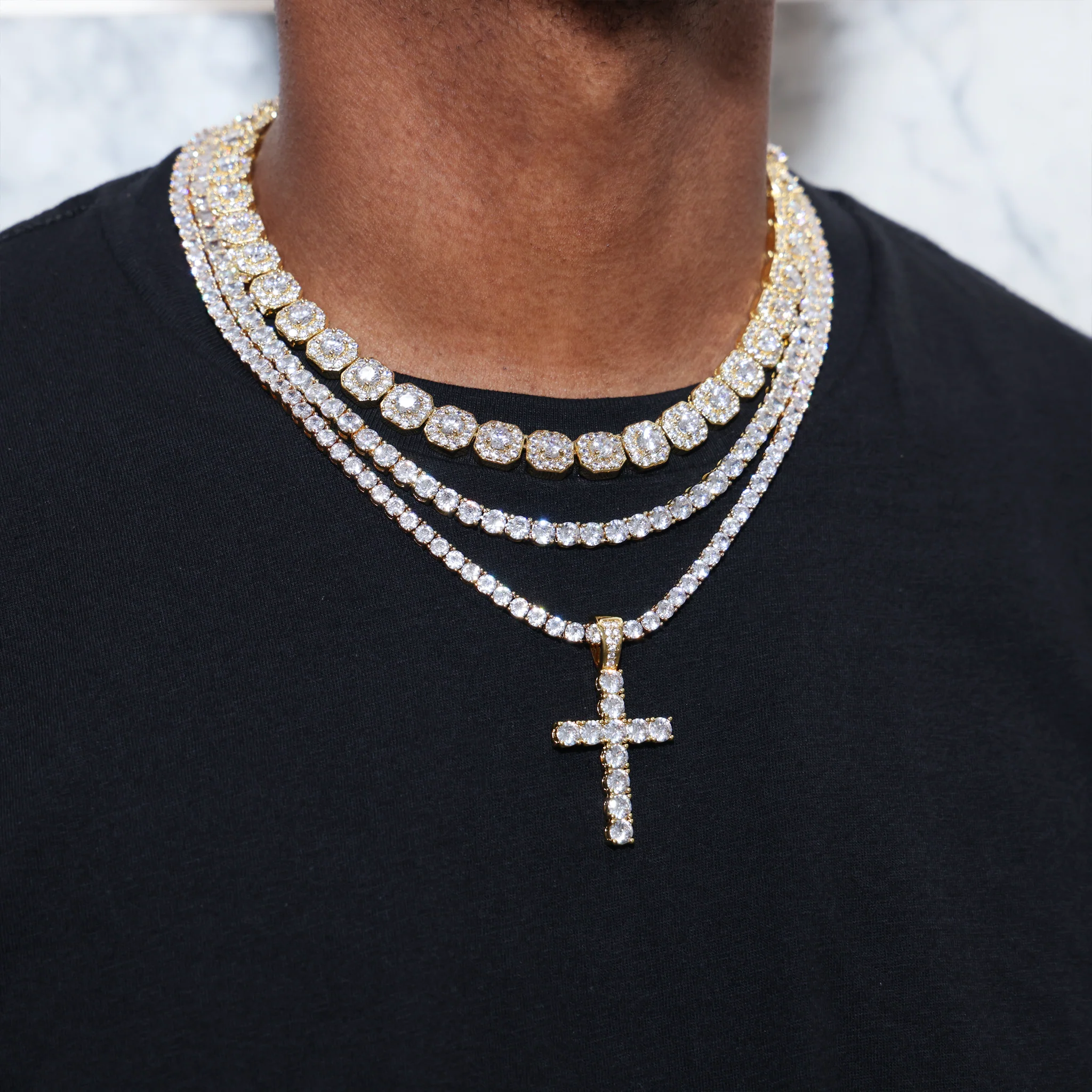 Clustered Tennis Cross Pendant Layered Set - Gold - Image 3
