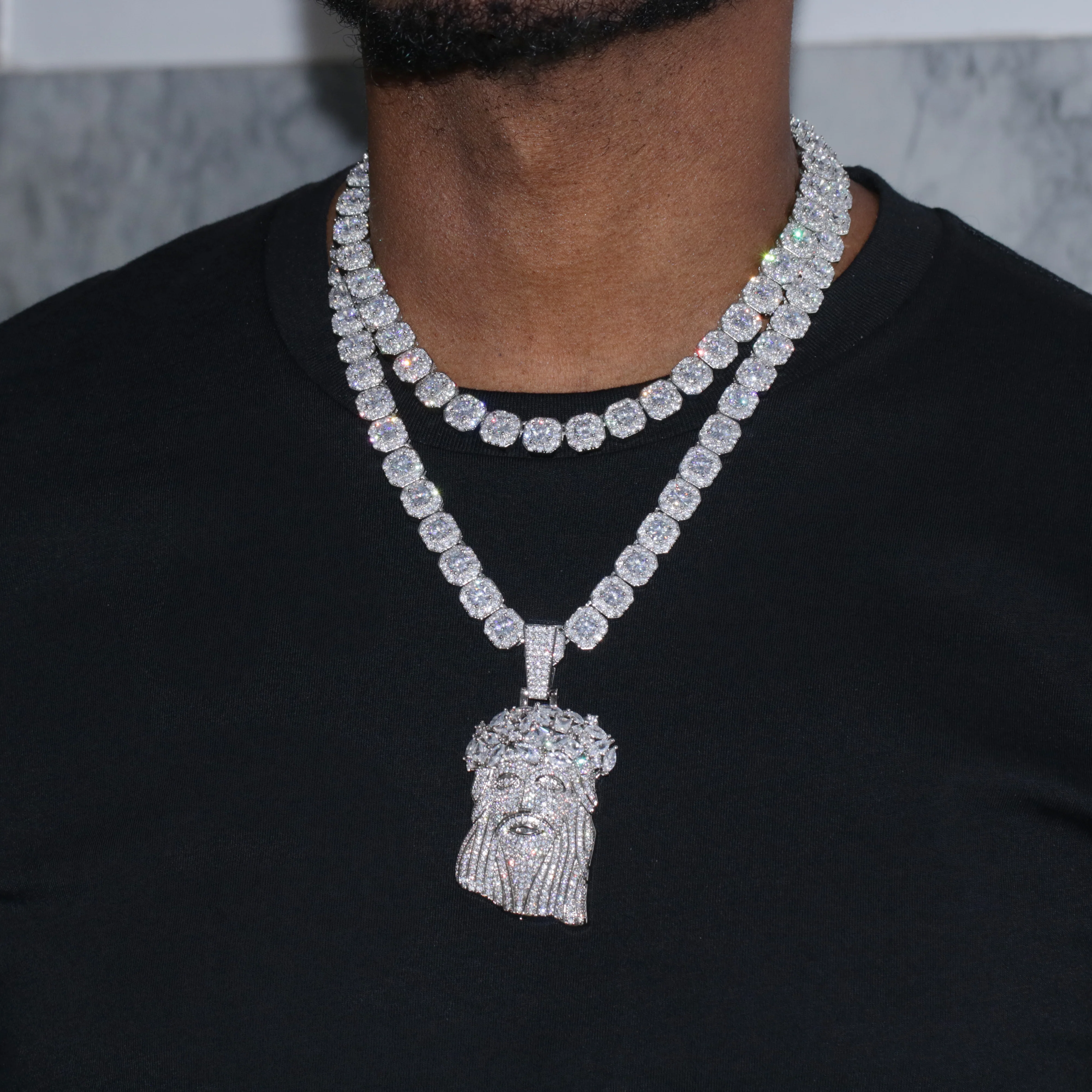Clustered Tennis Gemstone Jesus Pendant Layered Set - White Gold