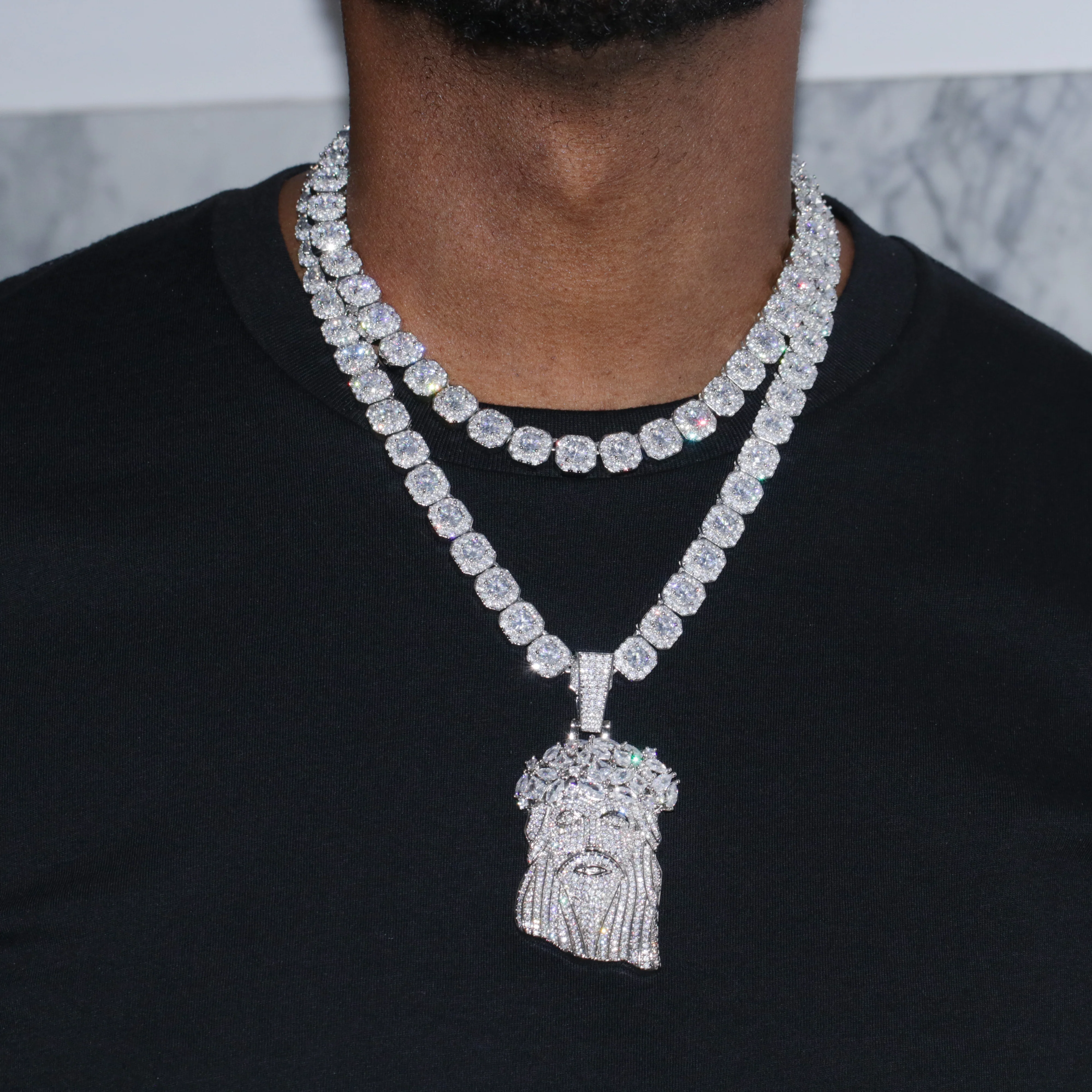 Clustered Tennis Gemstone Jesus Pendant Layered Set - White Gold - Image 2