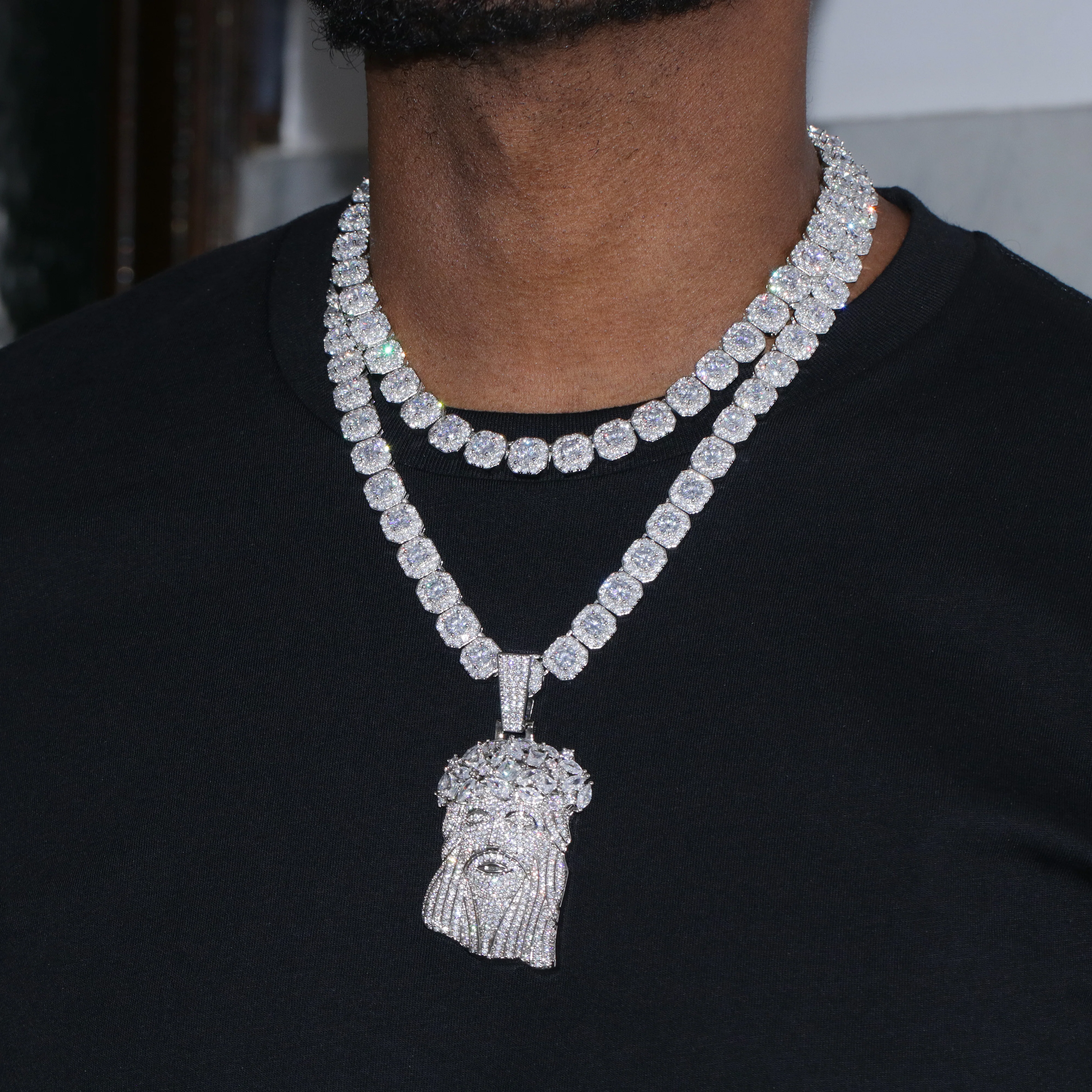 Clustered Tennis Gemstone Jesus Pendant Layered Set - White Gold - Image 3