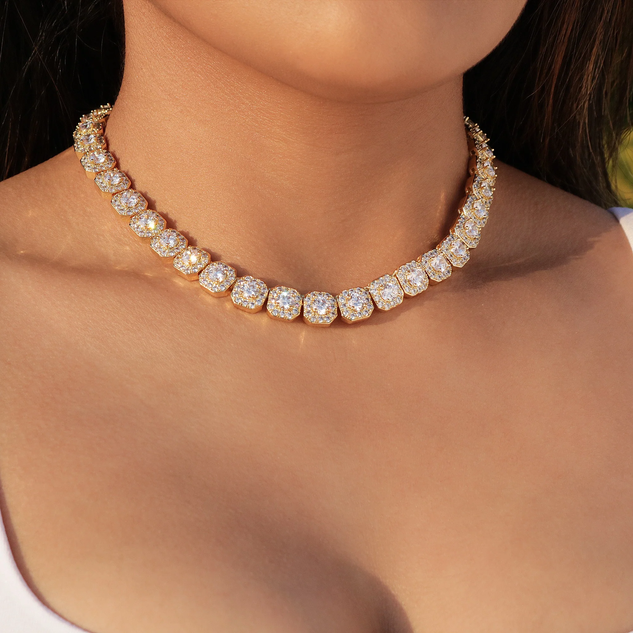 10mm Clustered Tennis Necklace - Gold - Image 2