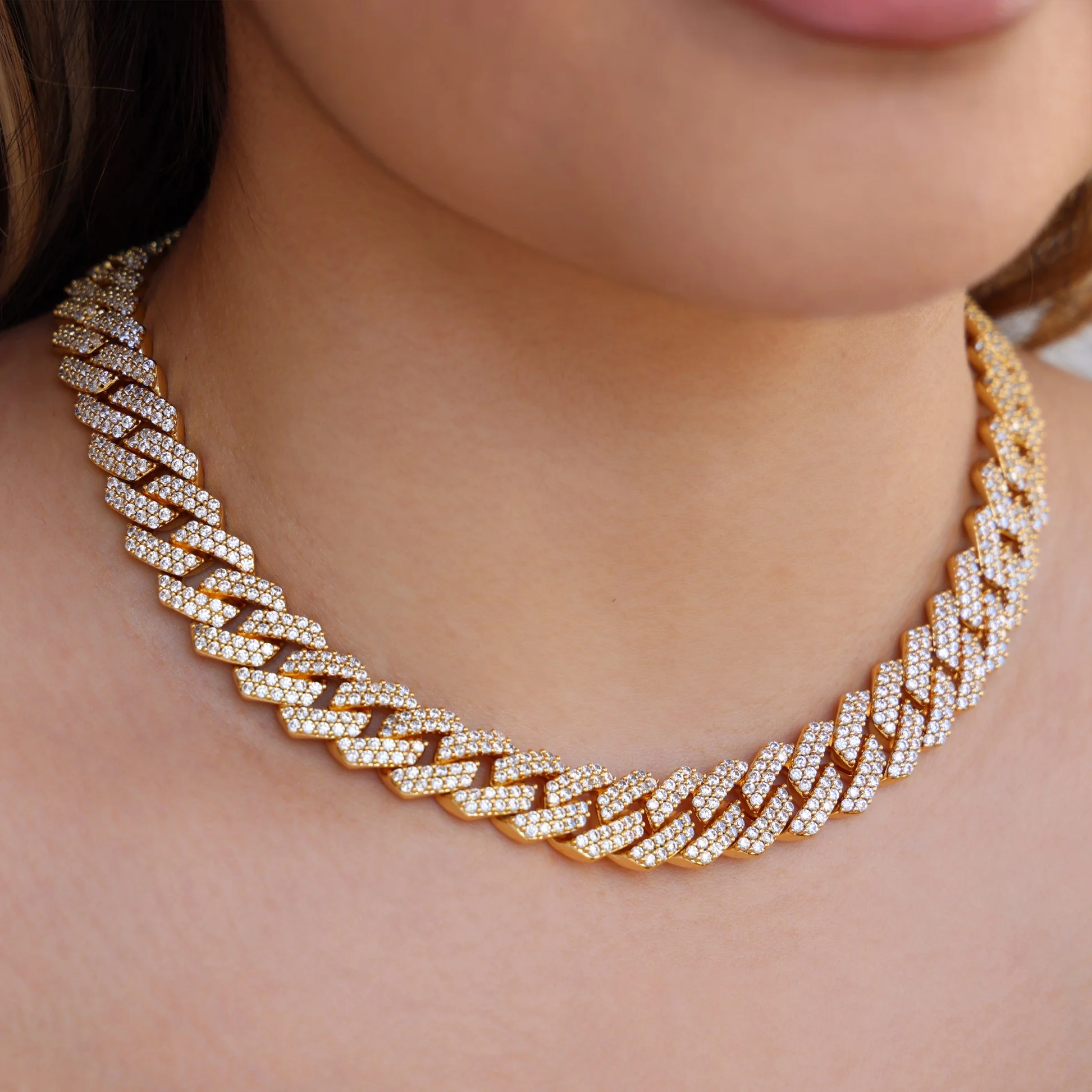 13mm Diamond Prong link Cuban Necklace - Gold - Image 4