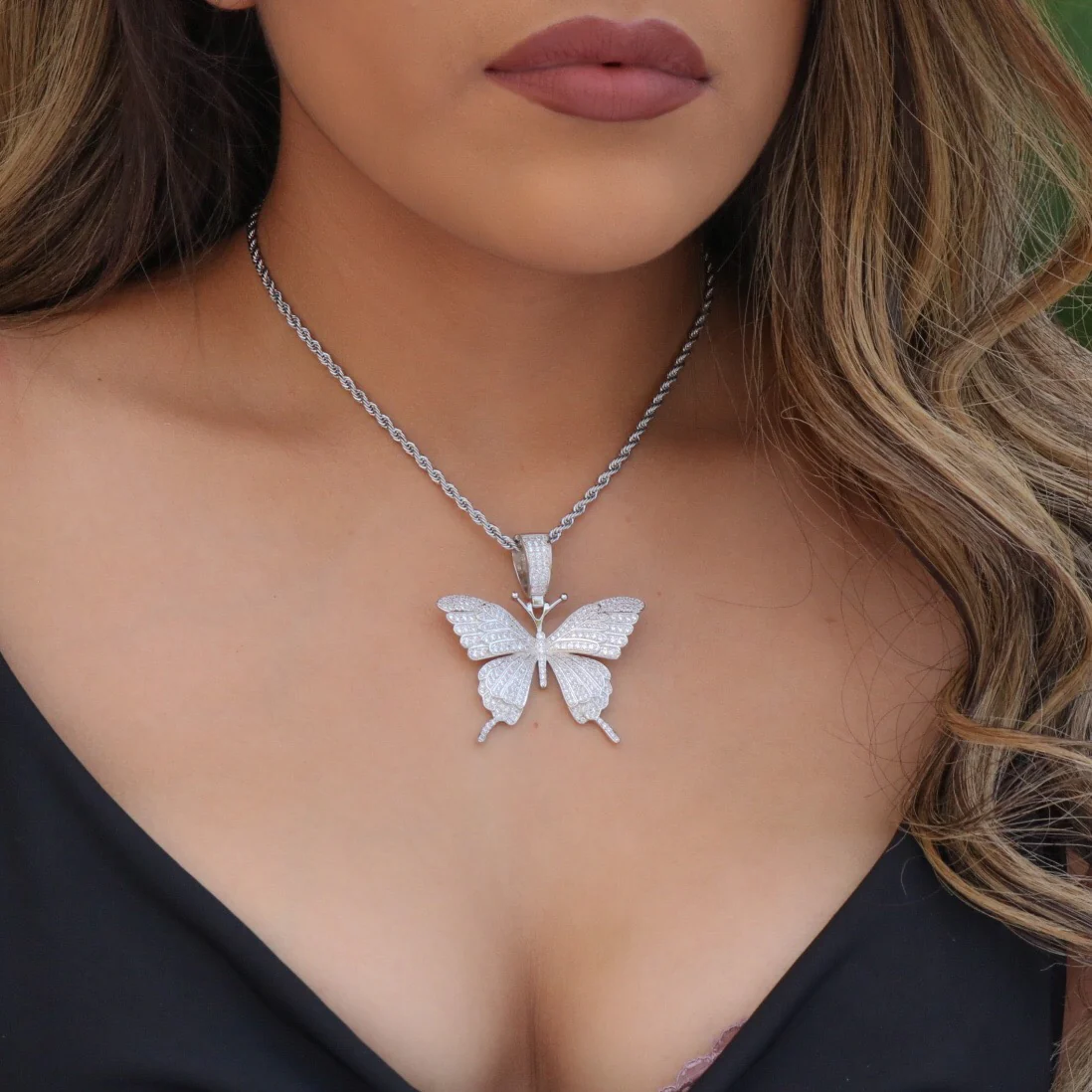 Iced Butterfly Pendant - White Gold - Image 3