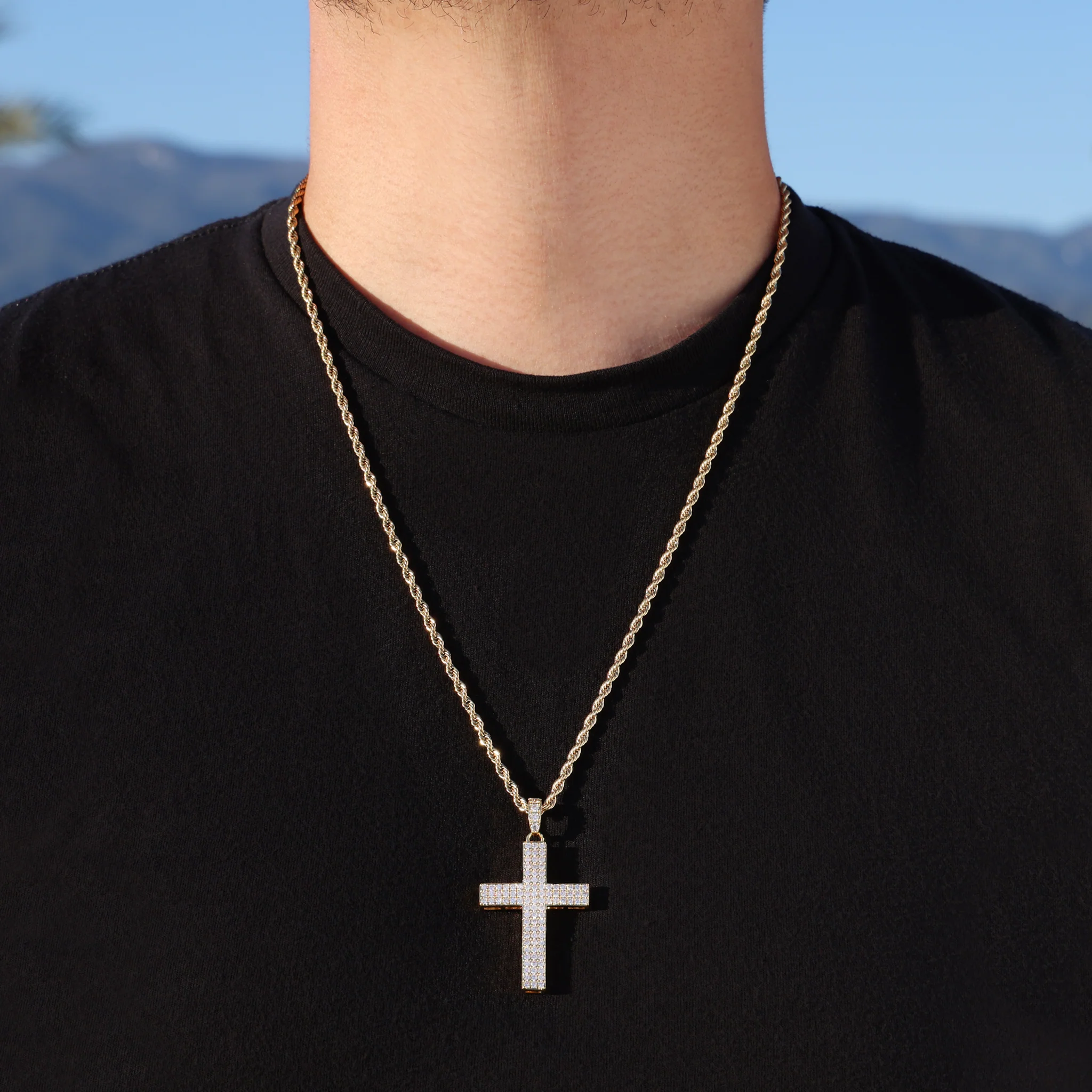 Pave Set Diamond Cross Pendant - Gold - Image 4
