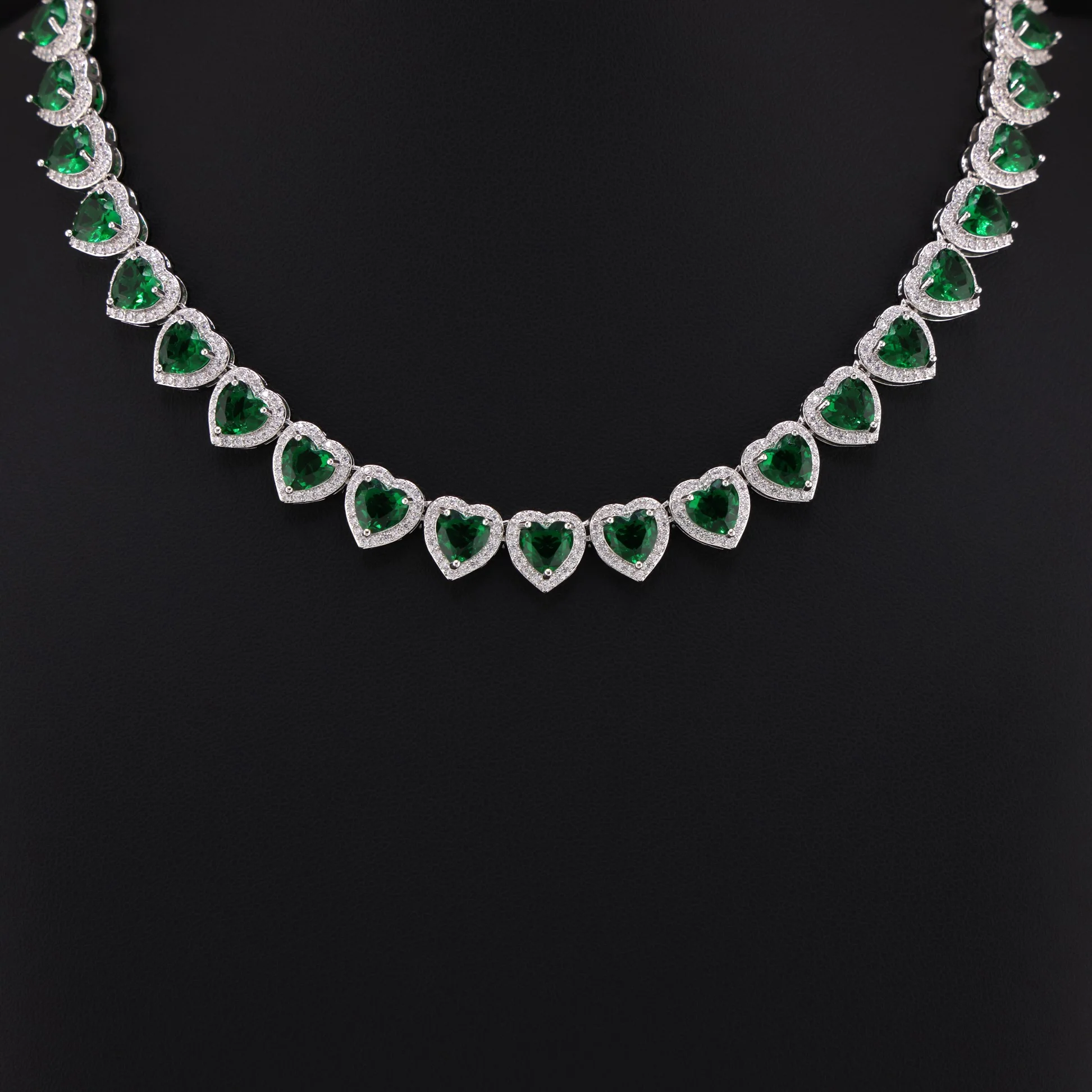 Emerald Heart Diamond Clustered Tennis Necklace - White Gold - Image 2