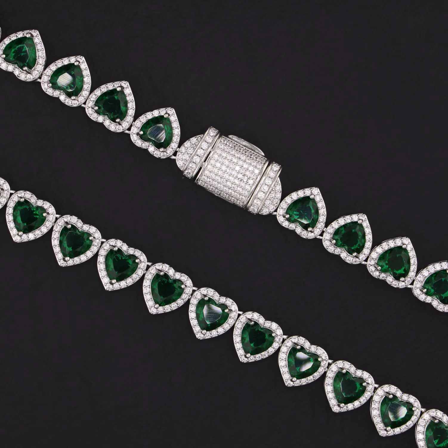 Emerald Heart Diamond Clustered Tennis Necklace - White Gold - Image 3