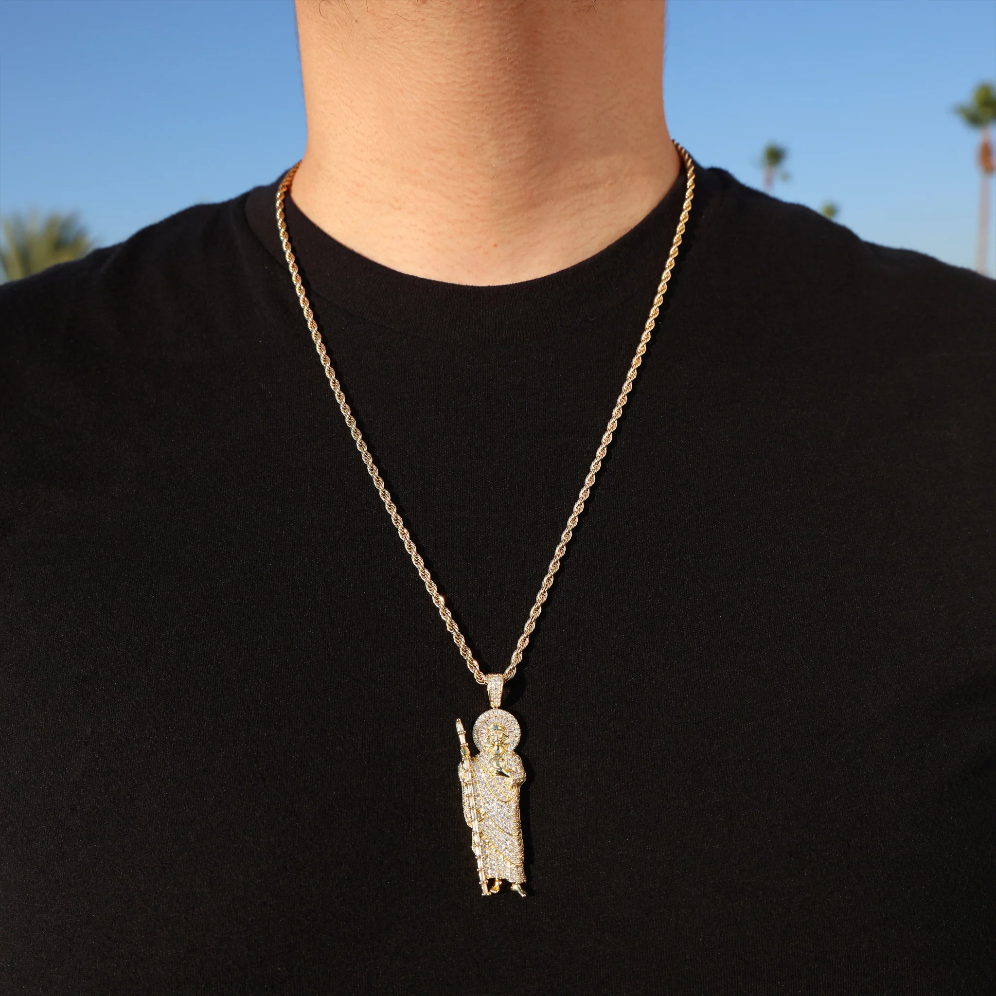 Fully Iced Baguette San Judas Pendant - Gold - Image 2