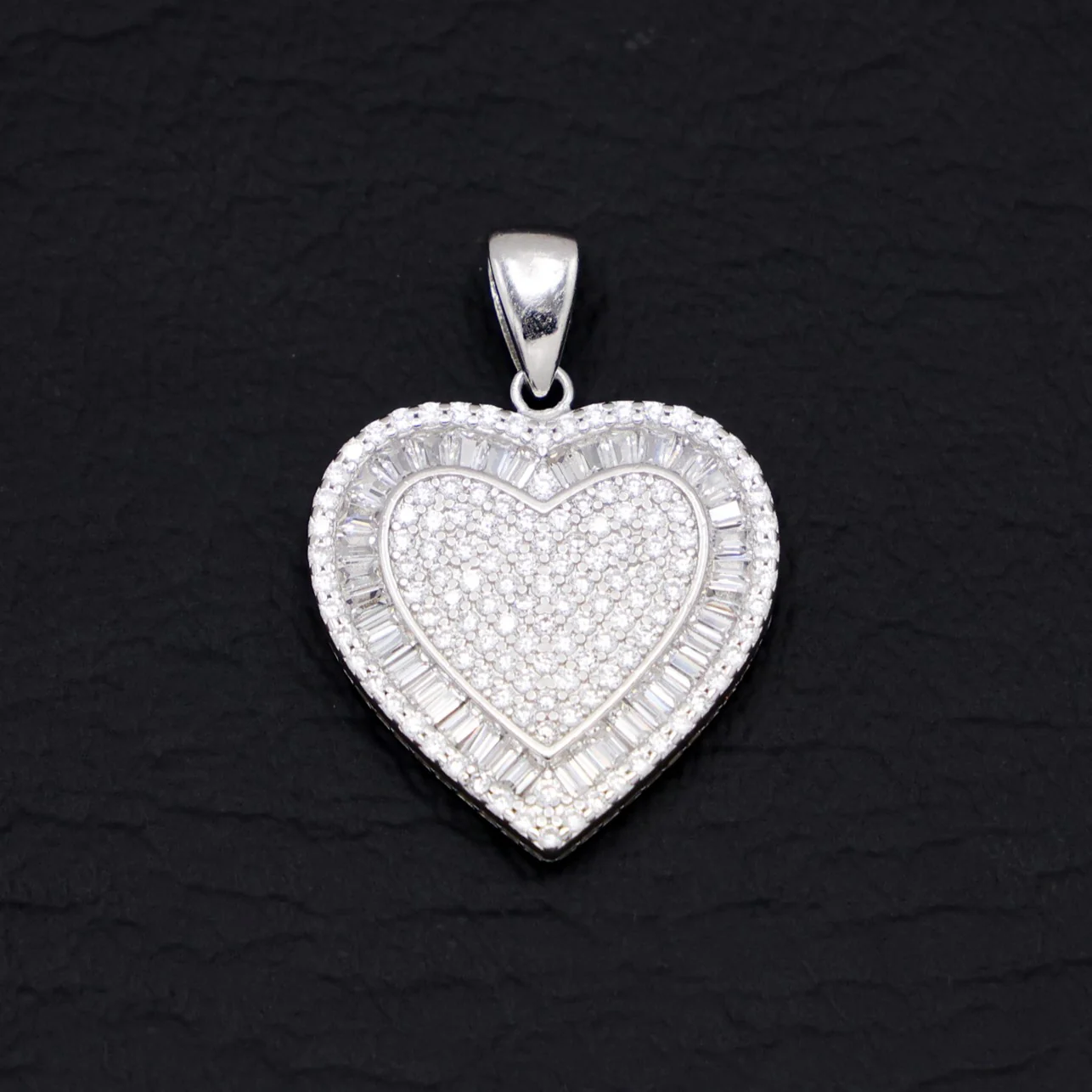 Fully Iced out Baguette Heart Pendant - 925 Silver