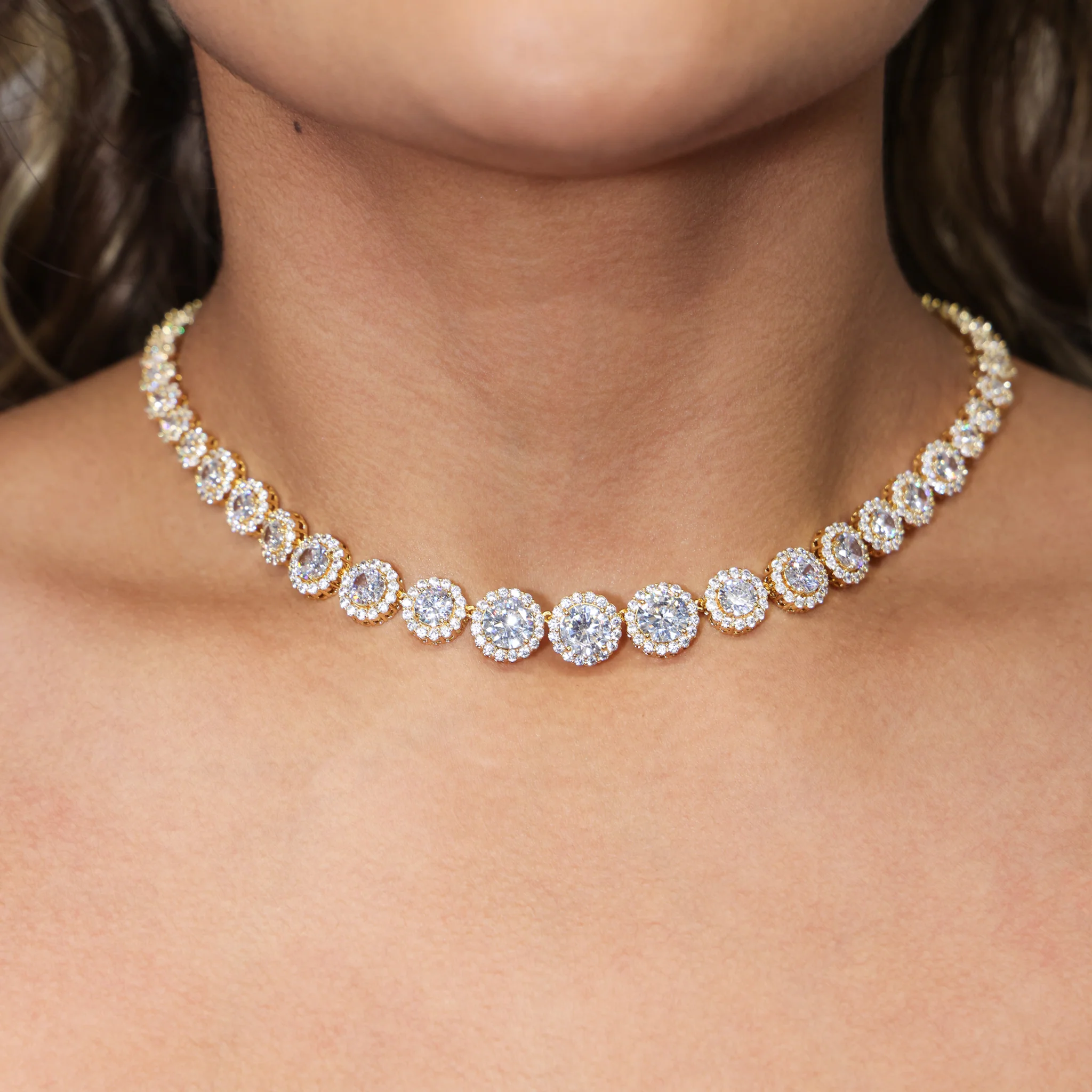 Graduated Round Clustered Tennis Necklace - Gold