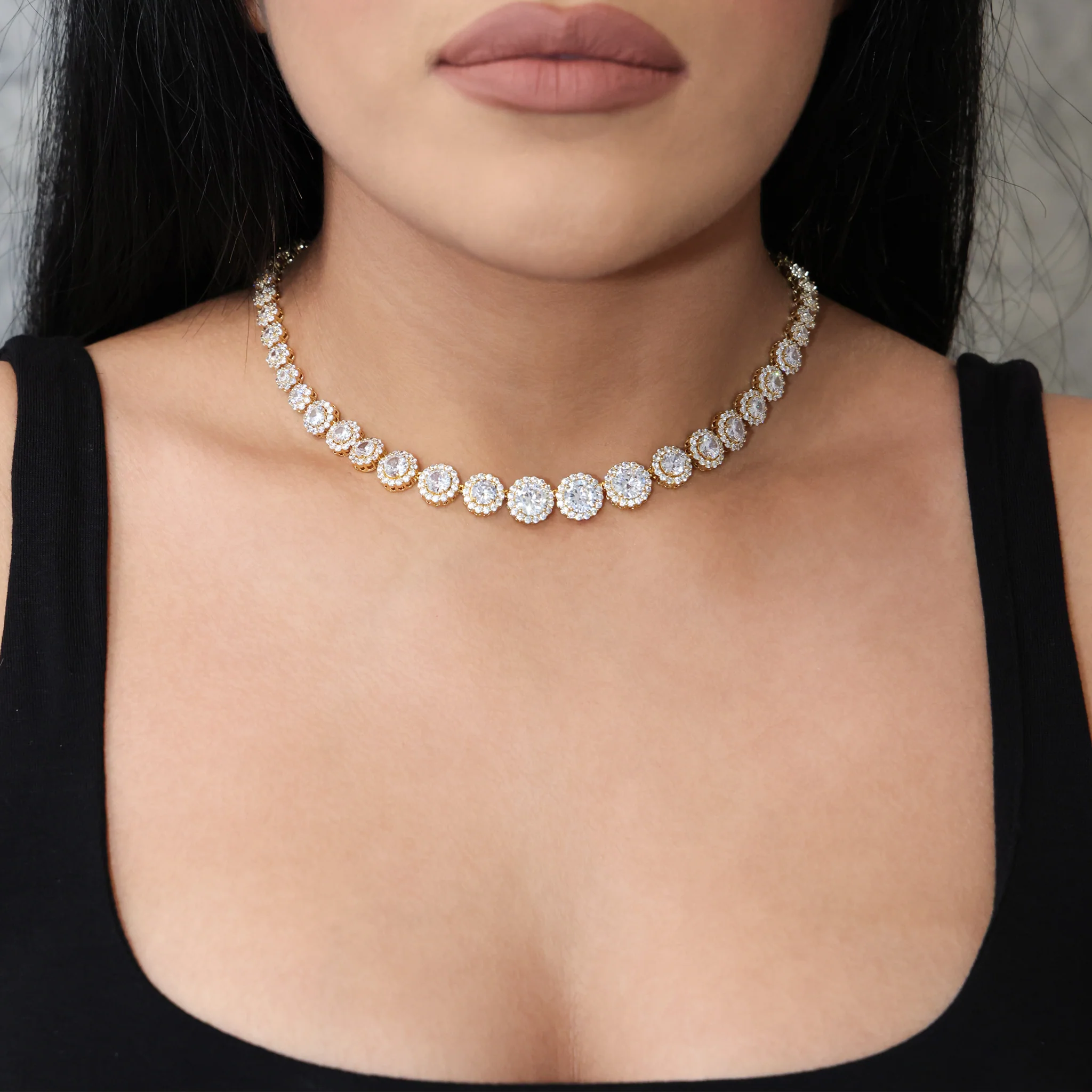 Graduated Round Clustered Tennis Necklace - Gold - Image 3