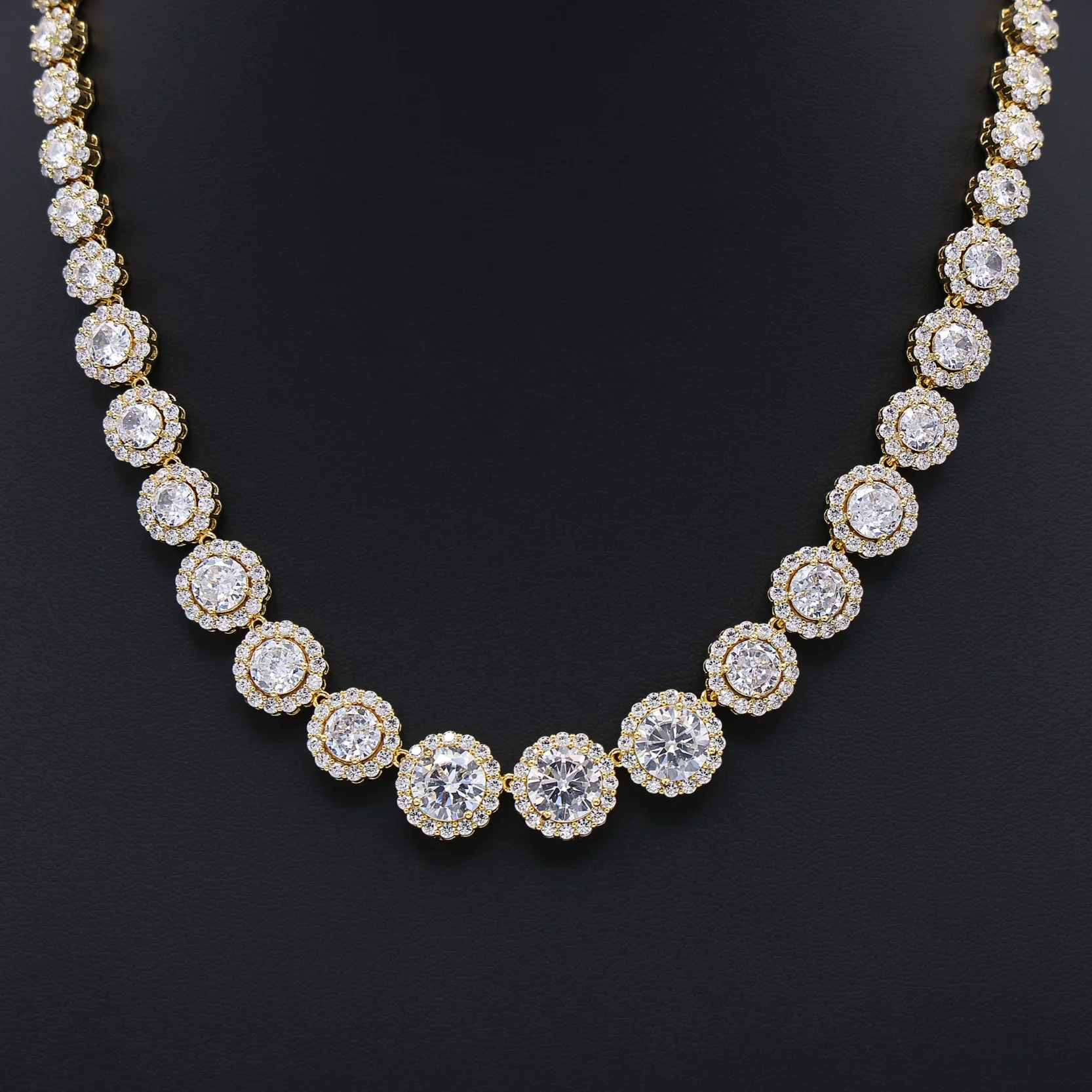 Graduated Round Clustered Tennis Necklace - Gold - Image 4