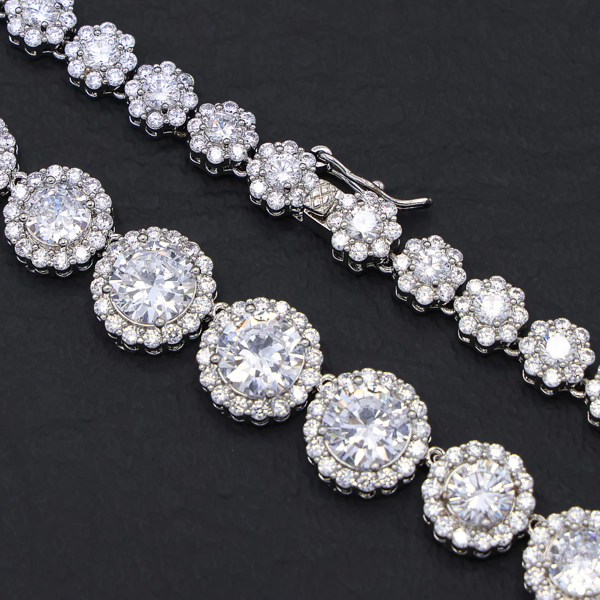 Graduated Round Clustered Tennis Necklace - White Gold - Image 4