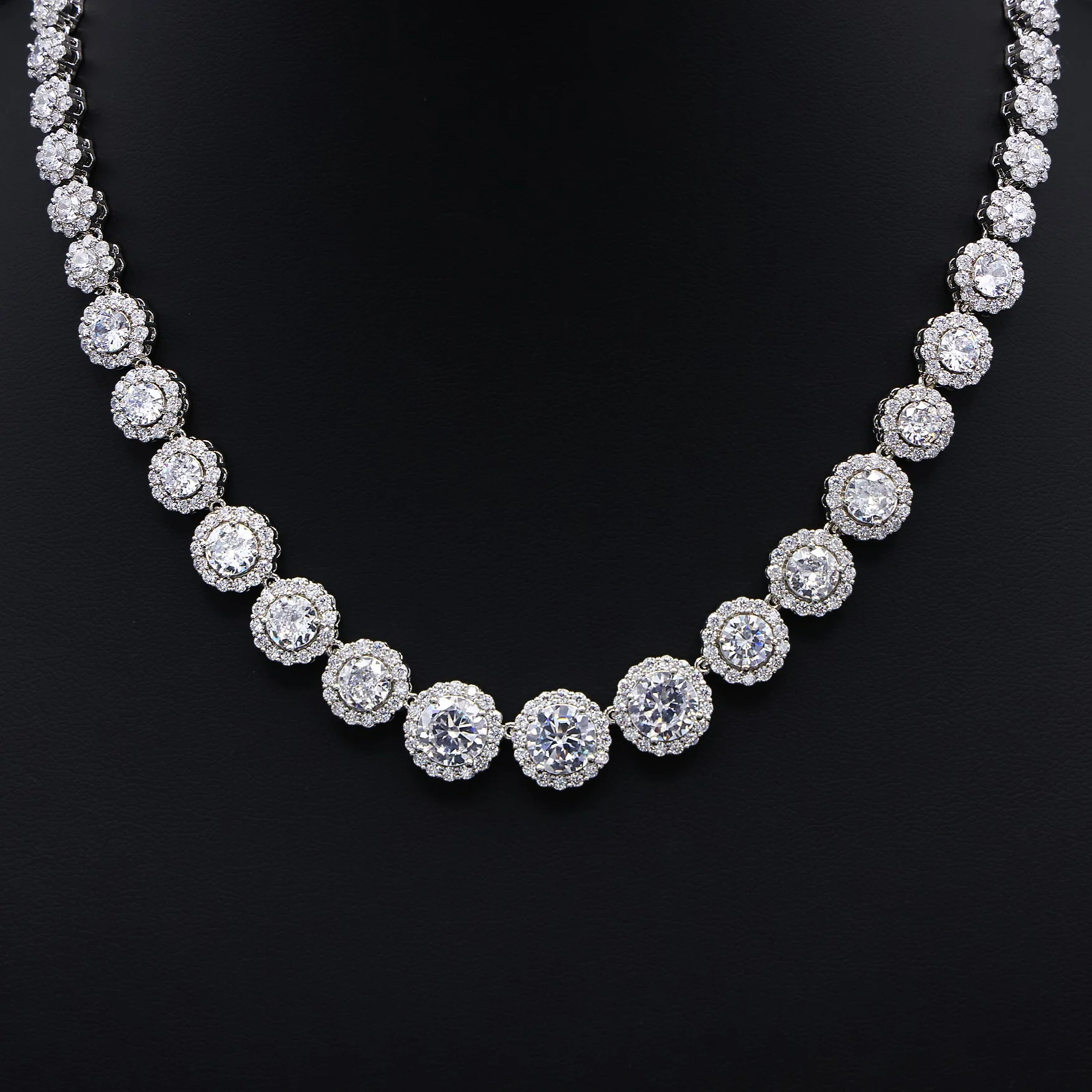 Graduated Round Clustered Tennis Necklace - White Gold - Image 5