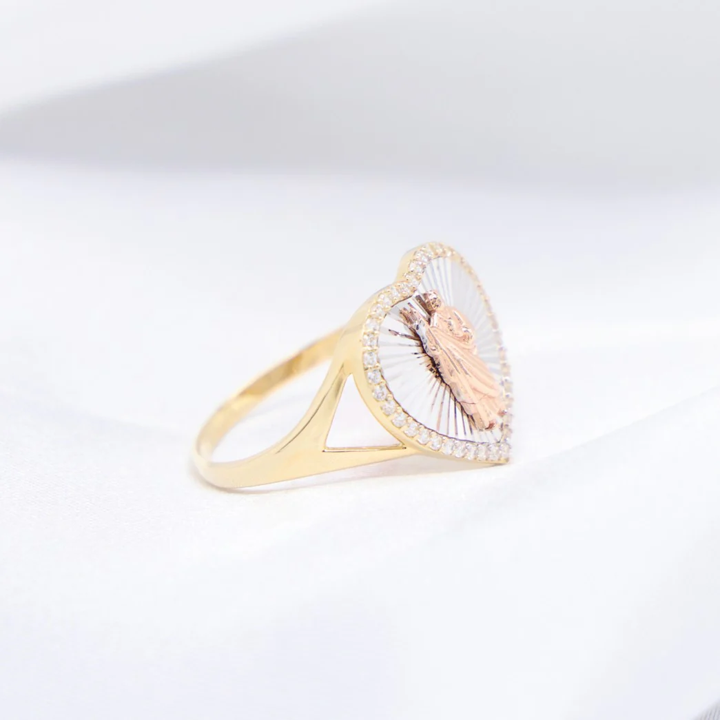 Iced 3 Tone San Judas Heart Ring - 14k Gold - Image 3