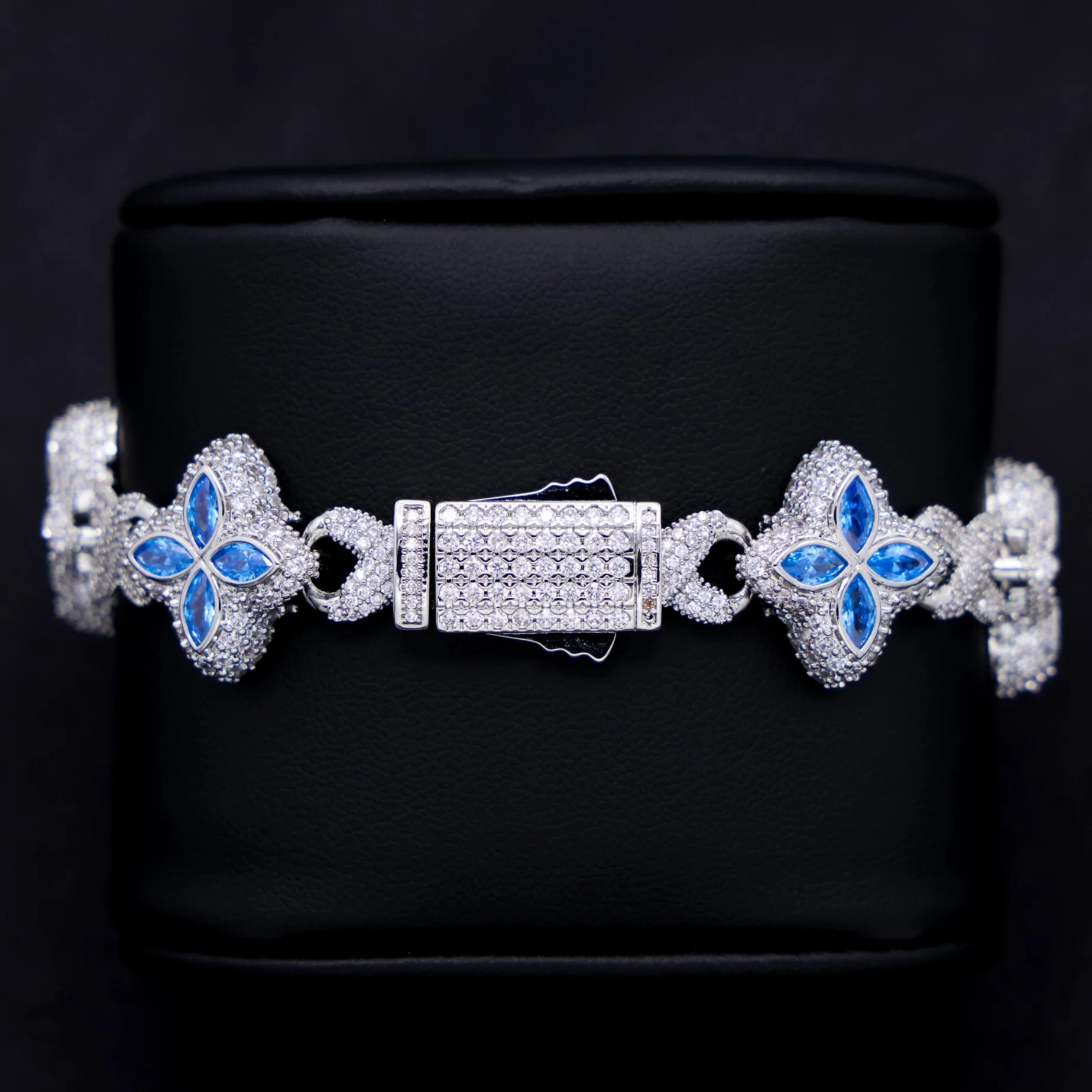 Iced Aqua Blue Clover Link Bracelet - White Gold - Image 4