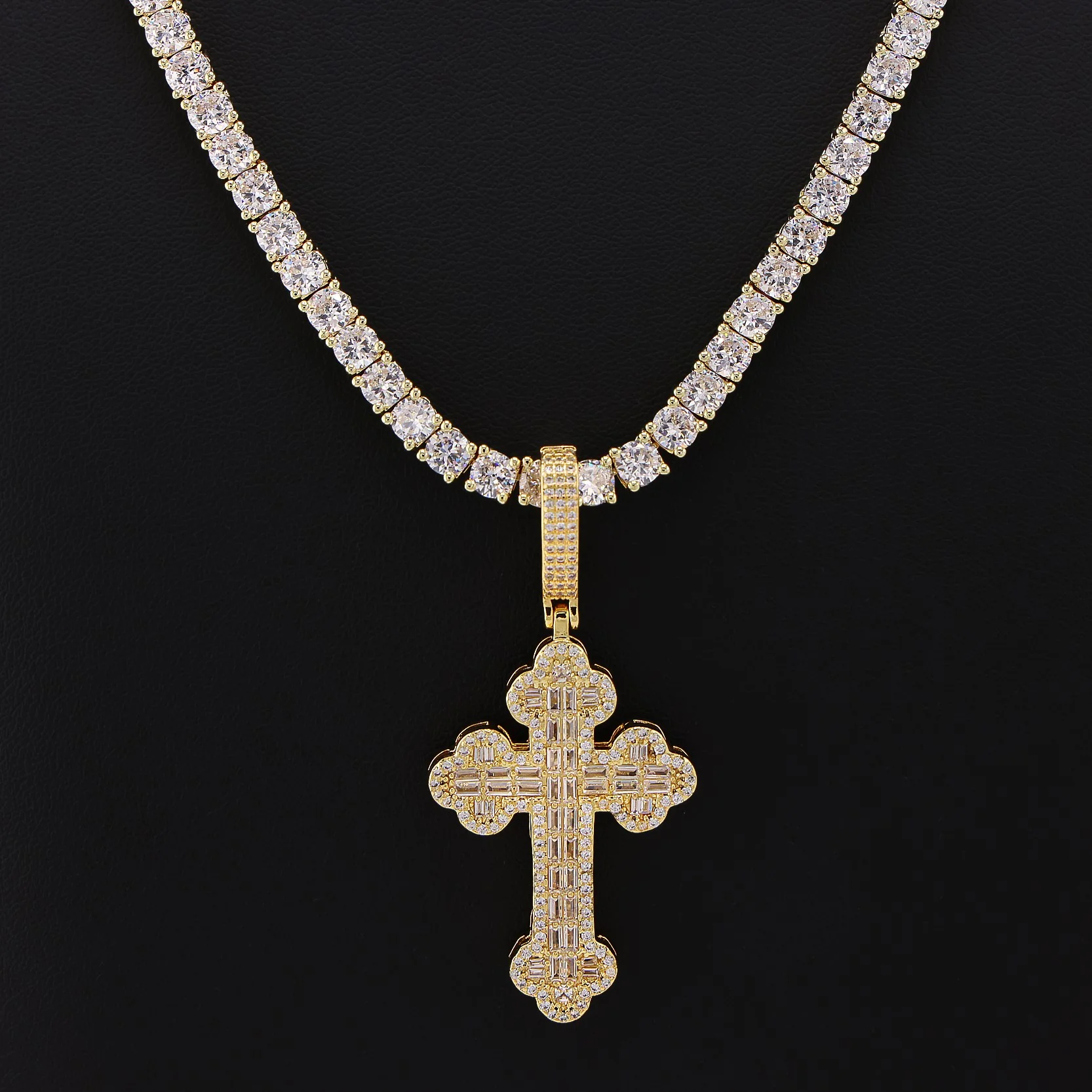 Iced Baguette Budded Cross Pendant - Gold - Image 2