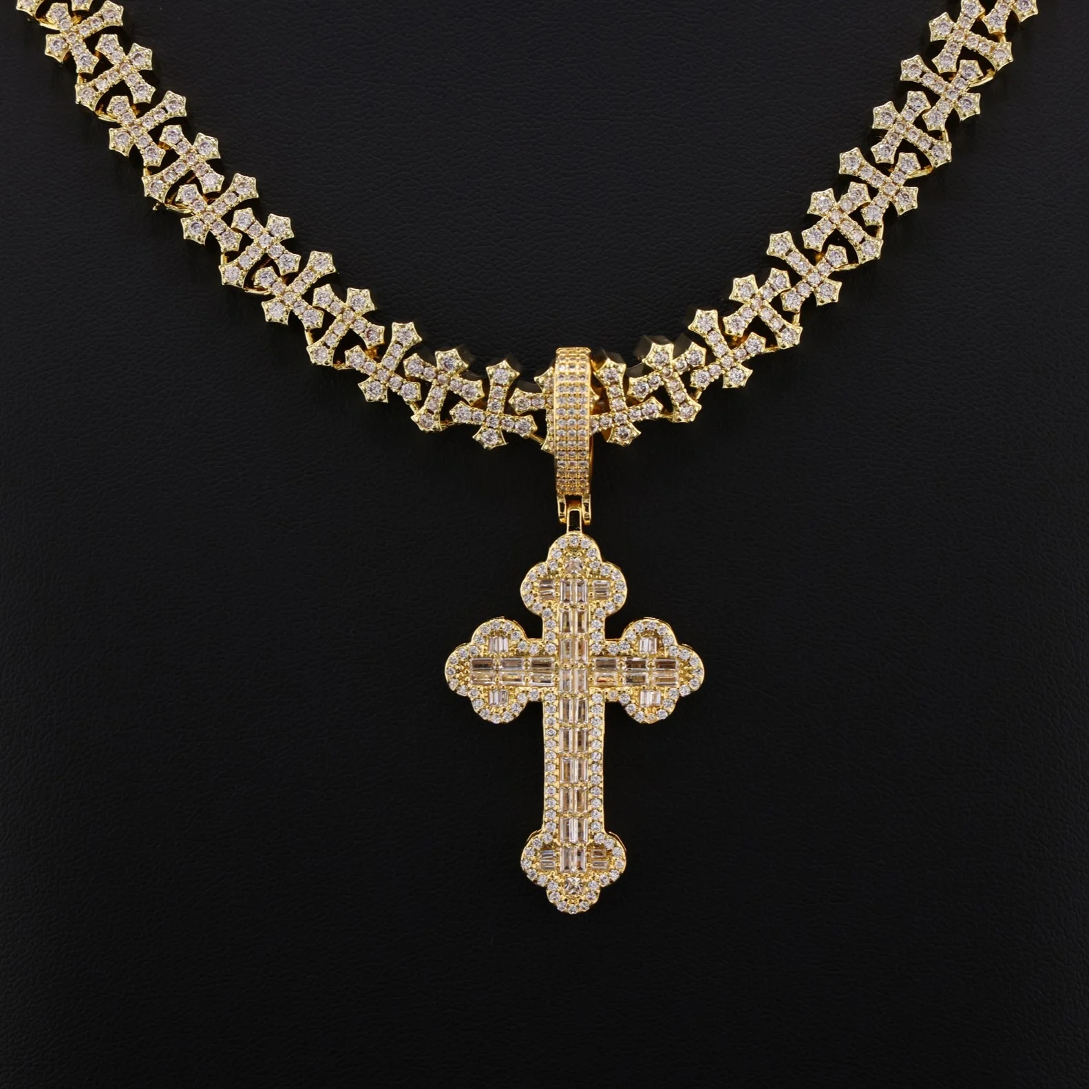 Iced Baguette Budded Cross Pendant - Gold - Image 3