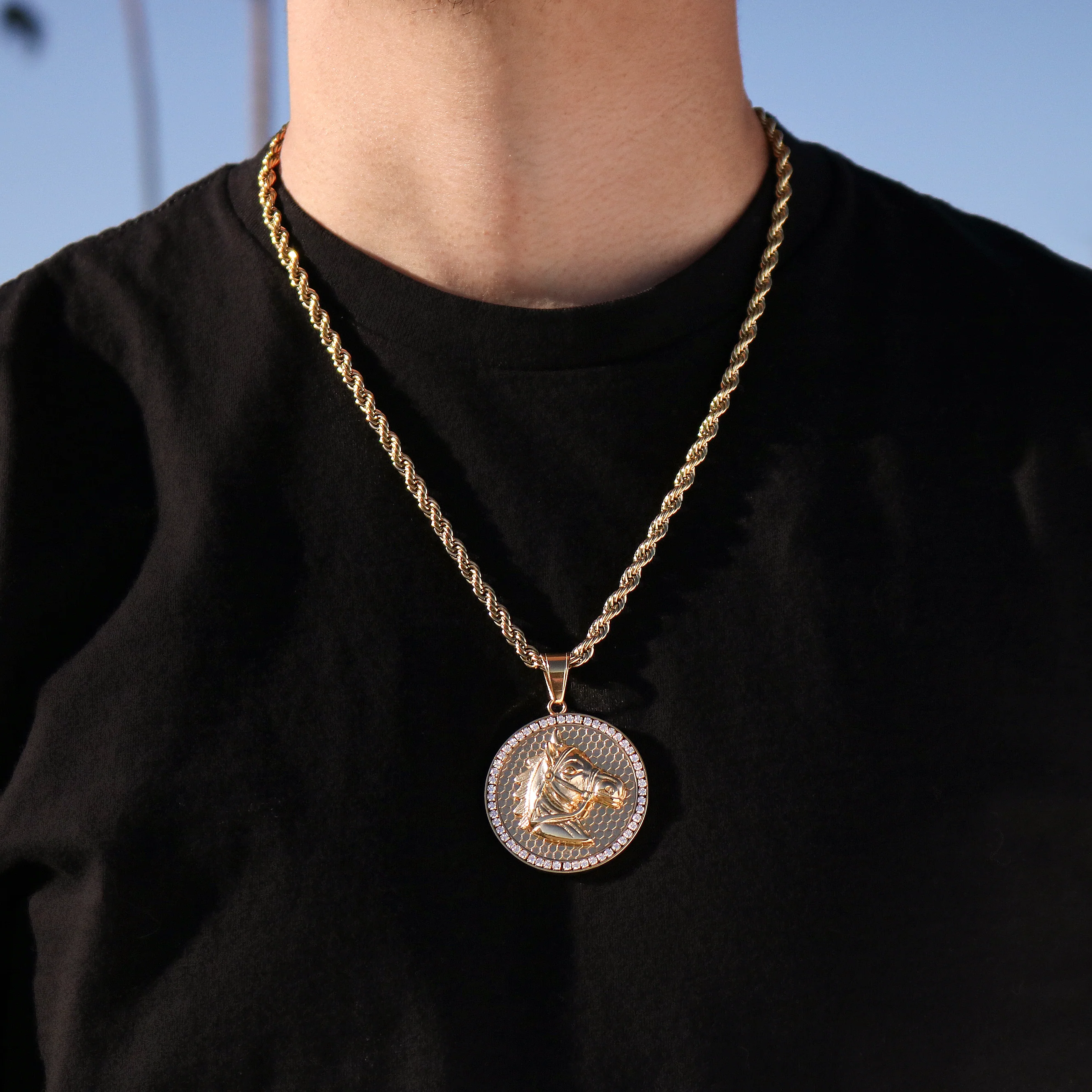 Iced Horse Medallion Pendant - Gold - Image 3