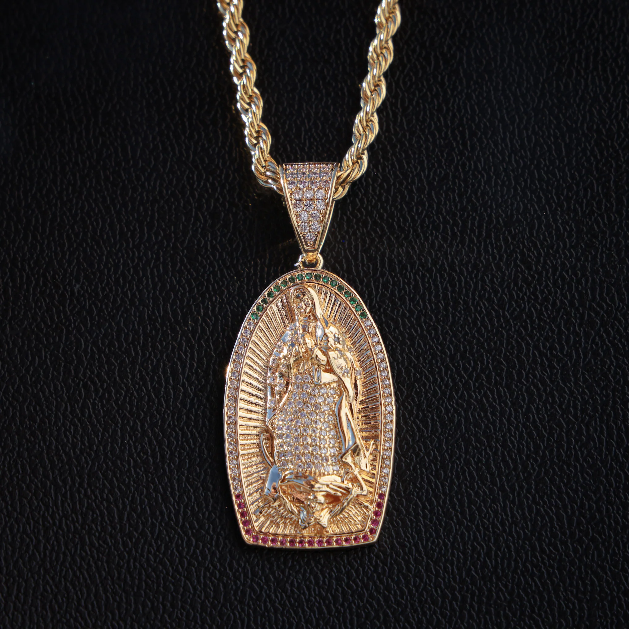 Iced Lady of Guadalupe 3 Color Stone Pendant - Gold - Image 2
