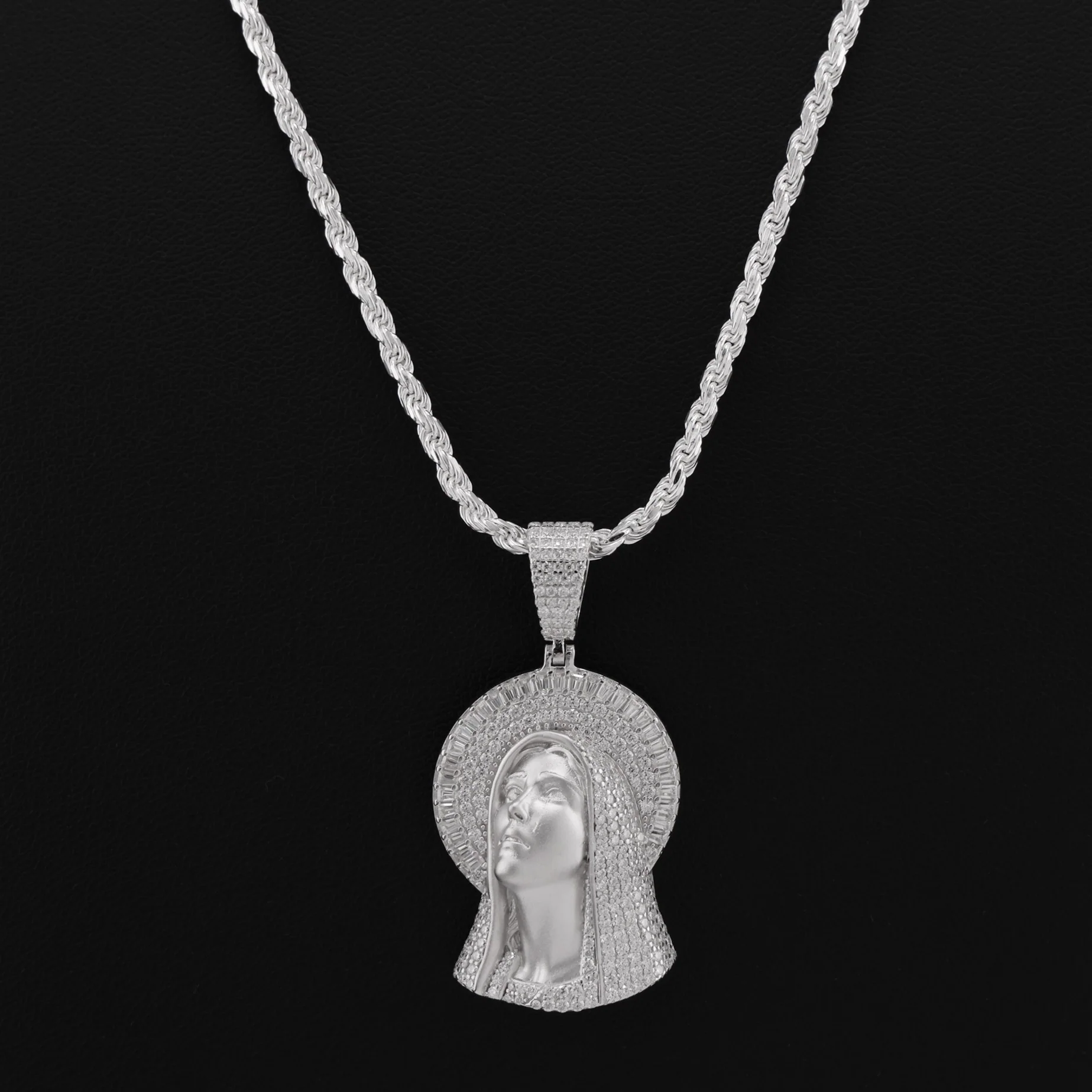Iced Moissanite Matte Virgin Mary Baguette Pendant - 925 Silver - Image 3