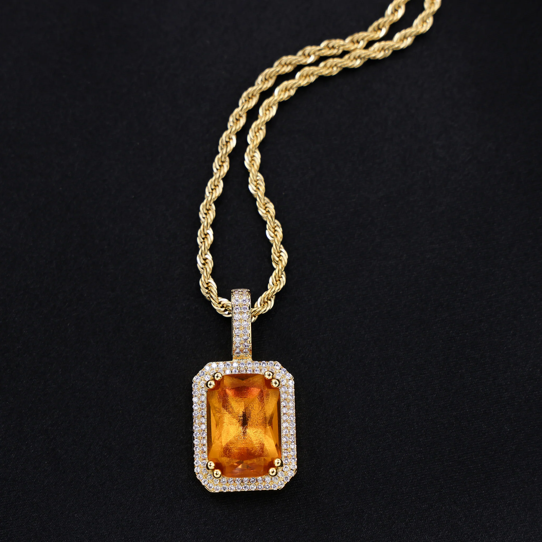 Iced Orange Stone Pendant Necklace - Gold - Image 3