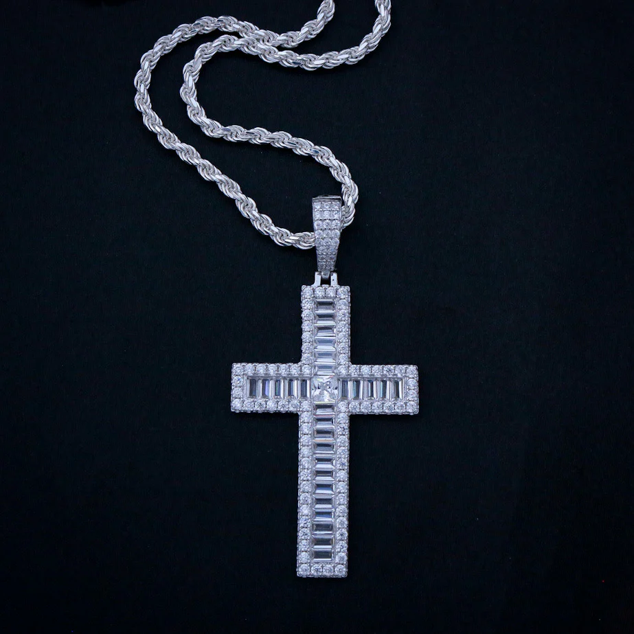 Iced Out Baguette Cross Pendant - 925 Silver - Image 2